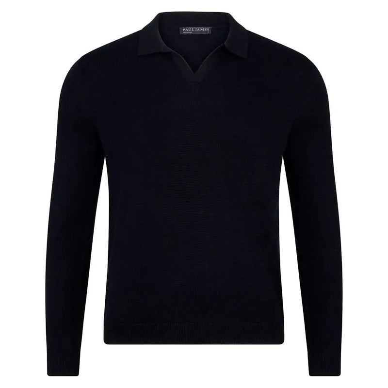 Paul James Black Buttonless Knit Longsleeve Polo