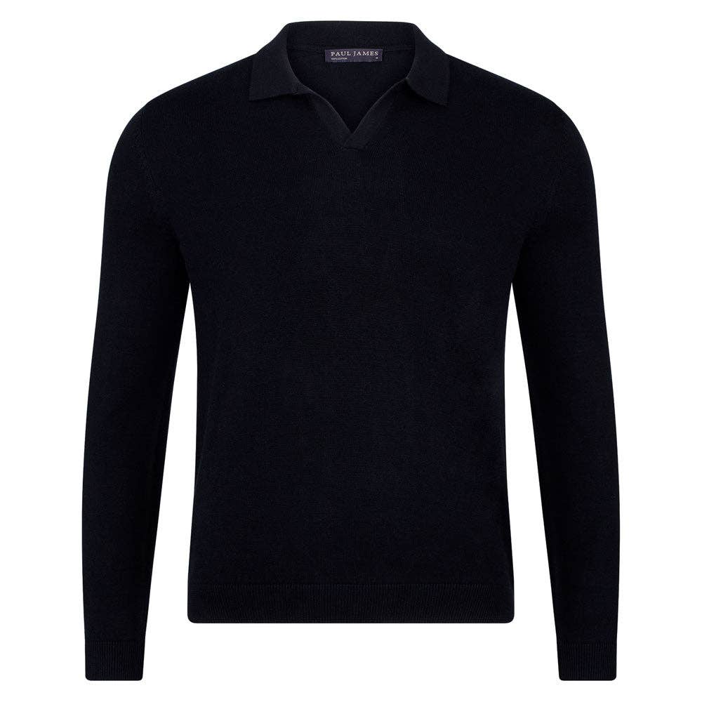 Faire,Paul James, Paul James Black Buttonless Knit Longsleeve Polo, Black, Extra Large-46-TagXL