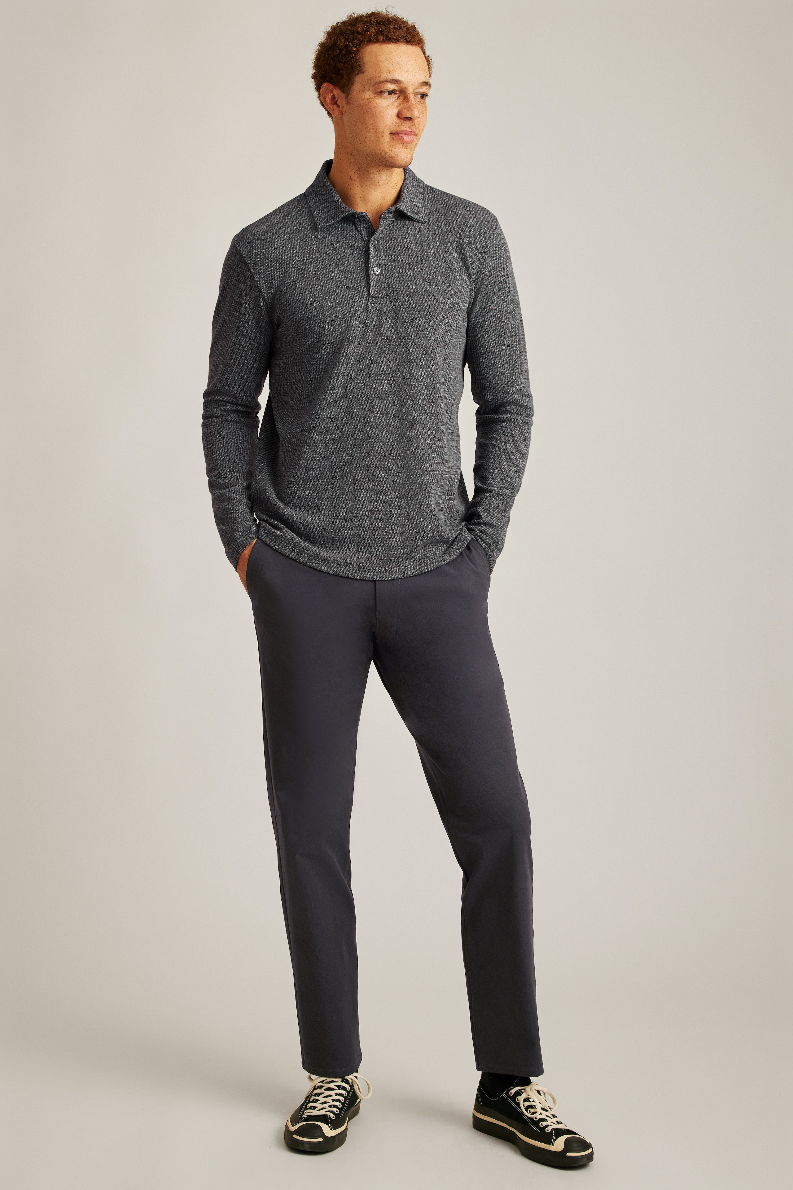 Wholesale,Bonobos, Bonobos Ash Puppytooth Luxe Long Sleeve Polo, Grey, Large-44-TagL