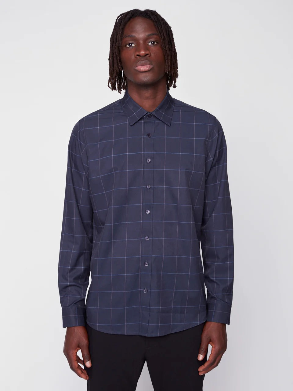 Wholesale,Projek Raw, Projek Raw Navy Plaid Long Sleeve Stretch Shirt, Blue, Large-45-TagL