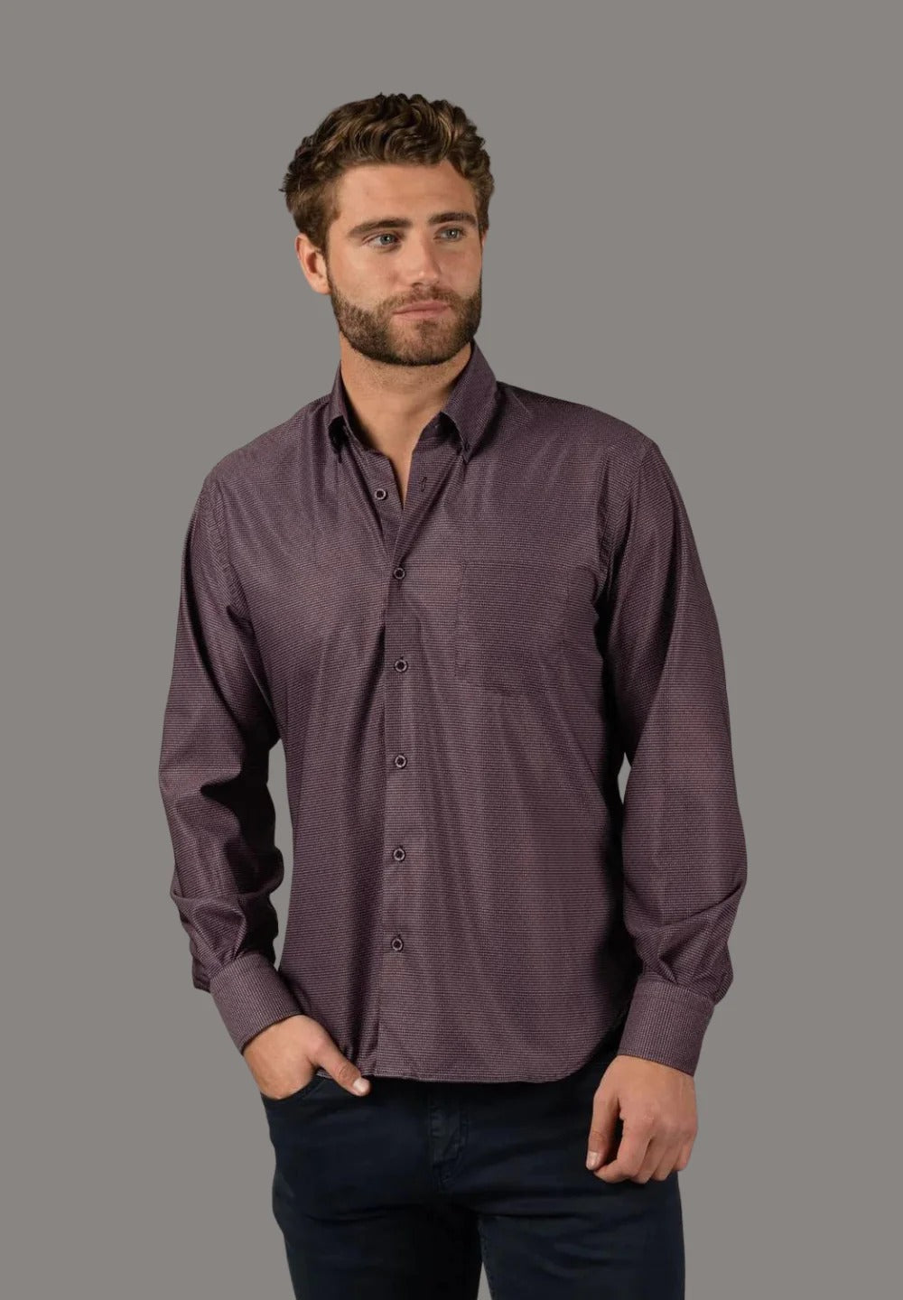 Wholesale,American Heritage, Visconti Black Purple/Black Dotted Performance Stretch Shirt, Purple, Small-42-TagSMedium-44-TagMLarge-46-TagLExtra Large-48-TagXLExtra Extra Large-50-TagXXL