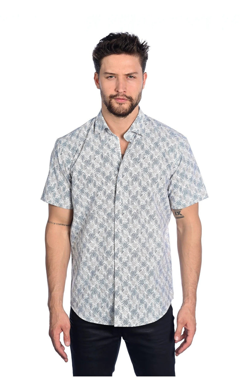 Mizumi White/Blue Geo Print Short Sleeve Button Up Shirt