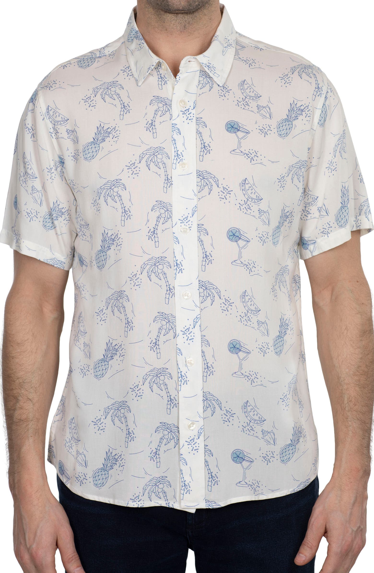 Nordstorm Rack,Slate & Stone, Slate & Stone White Tropical Print Short Sleeve Button Up Shirt, White, Medium-43-TagM