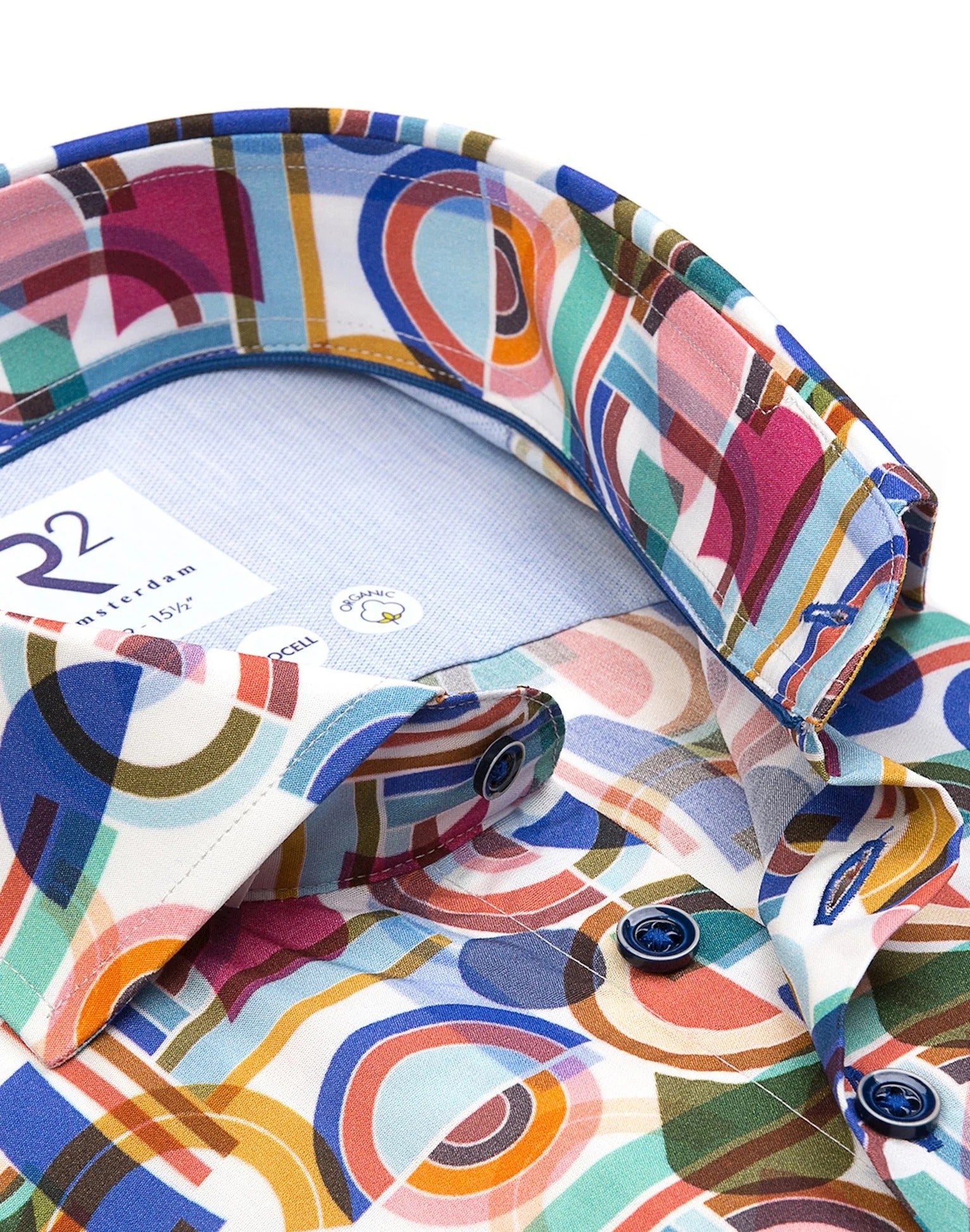 Brand Partner,R2 Amsterdam, R2 Amsterdam Multicolor Abstract Print Tencel Long Sleeve Button Up Shirt, White, Extra Large-50-Tag44