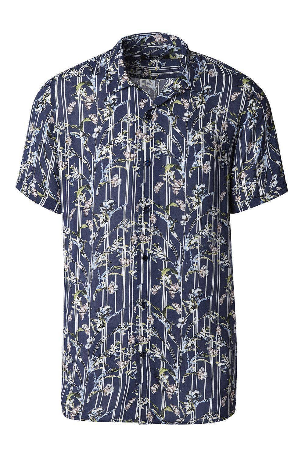 Faire,Ron Tomson, Ron Tomson Navy Blue Floral Short Sleeve Button Up Shirt, Blue, Small-40-TagM