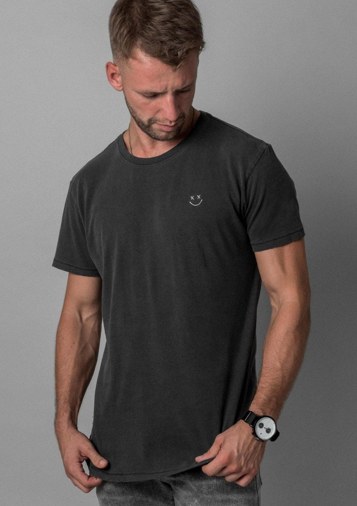 Brand Partner,Acapella, Acapella Washed Black Smiley Distressed Tee, Black, Medium-40-TagMLarge-43-TagLExtra Large-45-TagXLSmall-38-TagS