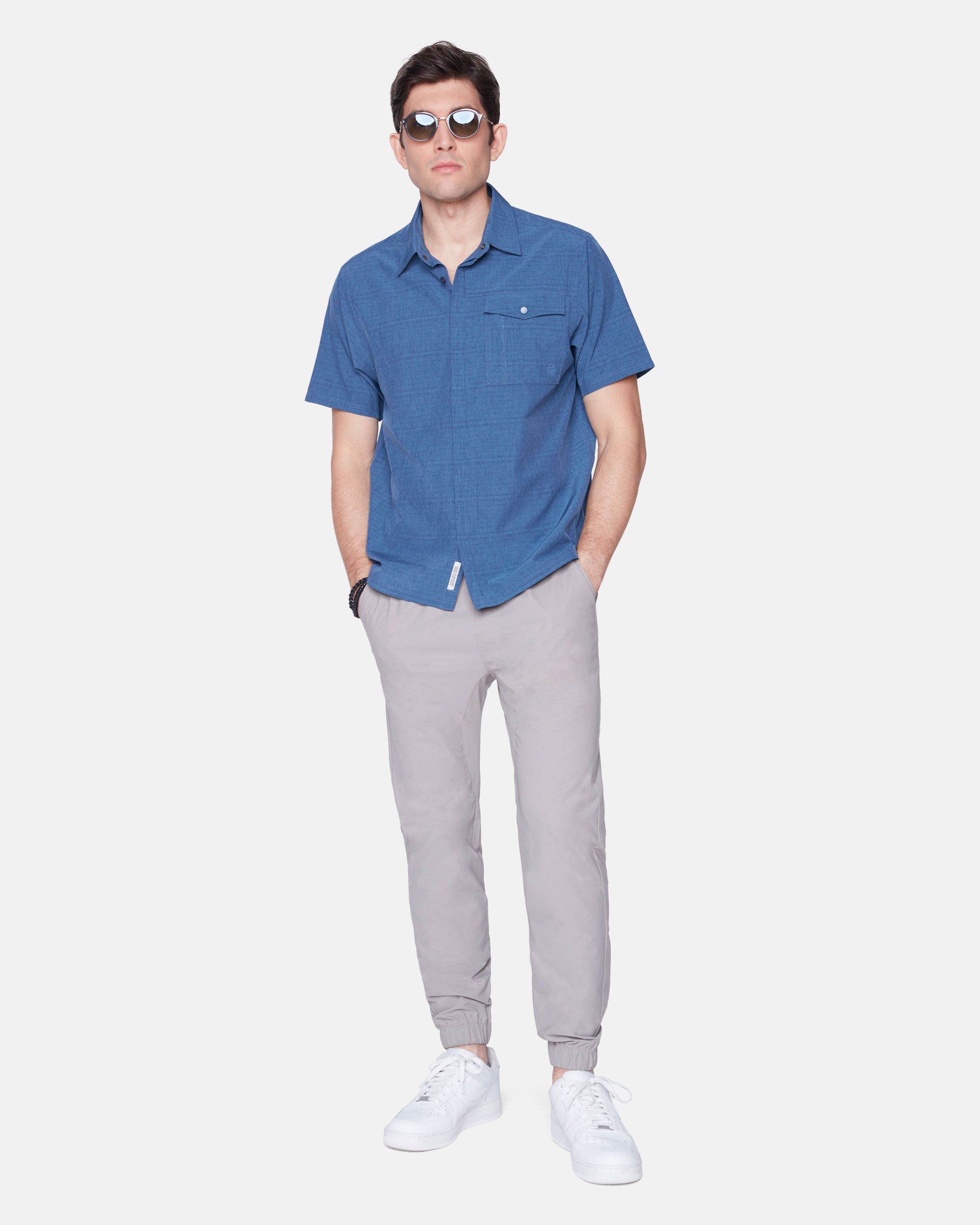 Wholesale,Projek Raw, Projek Raw Blue Stripe 4 Way Stretch Short Sleeve Button Up Shirt, Blue, Large-46-TagLMedium-43-TagMSmall-41-TagS