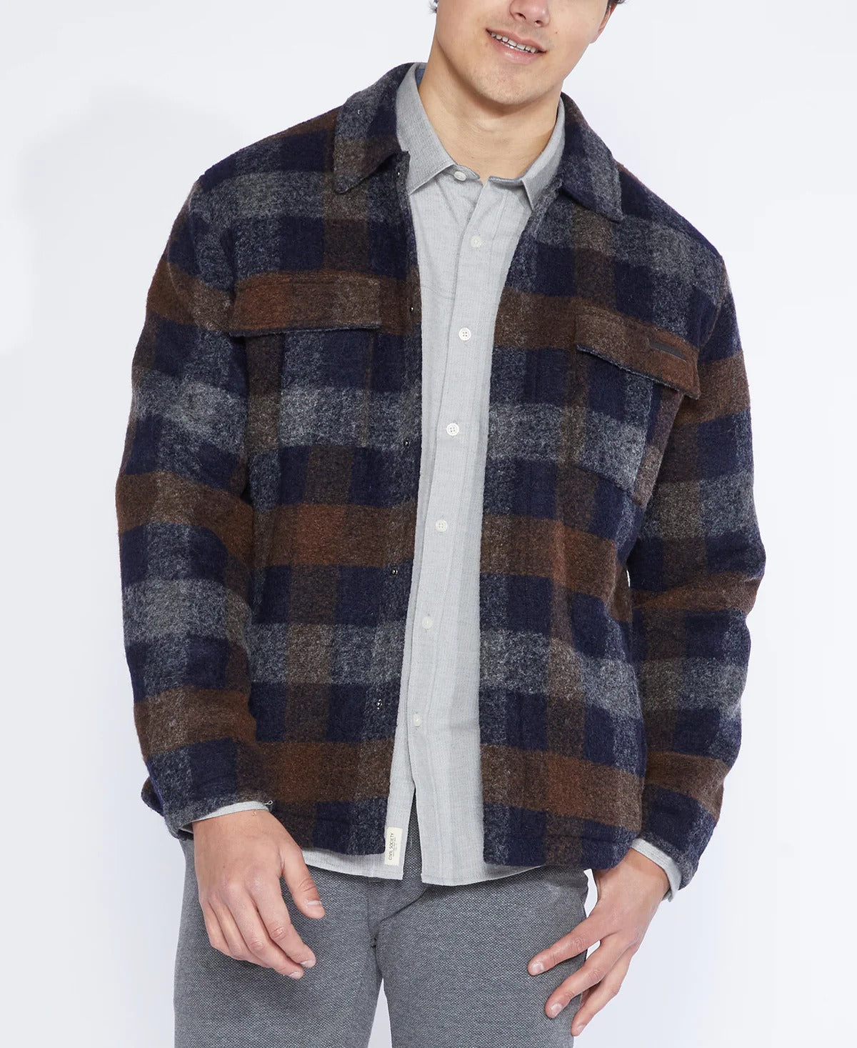 Wholesale,Civil Society, Civil Society Navy/Brown Plaid Levi Shacket, Blue, Small-42-TagSMedium-45-TagMLarge-47-TagLExtra Large-49-TagXLExtra Extra Large-51-TagXXL