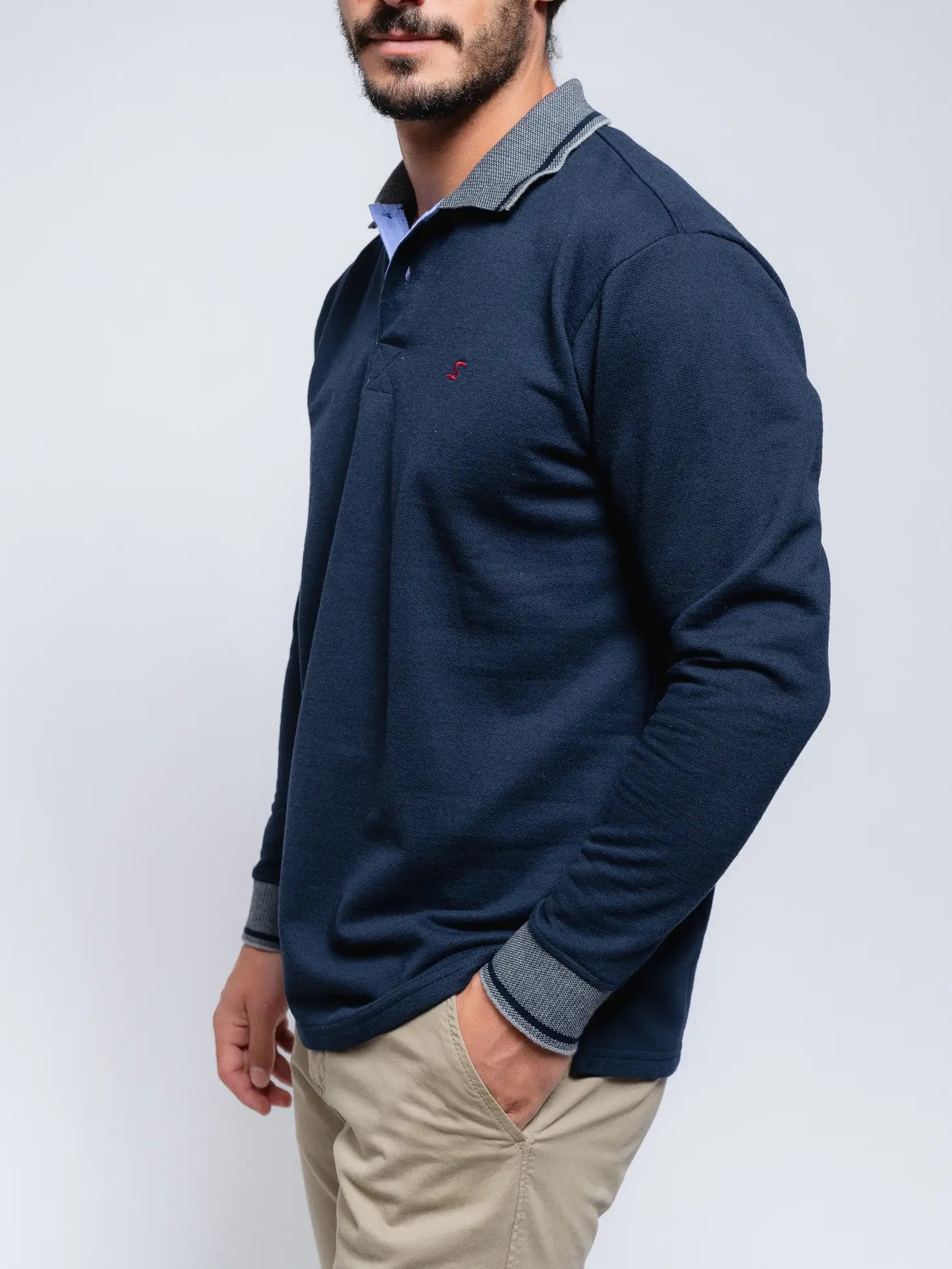 Faire,SMF, SMF Navy Knit Long Sleeve Button Up Polo With Contrast Collar And Cuff Detail, Blue, Large-44-TagL