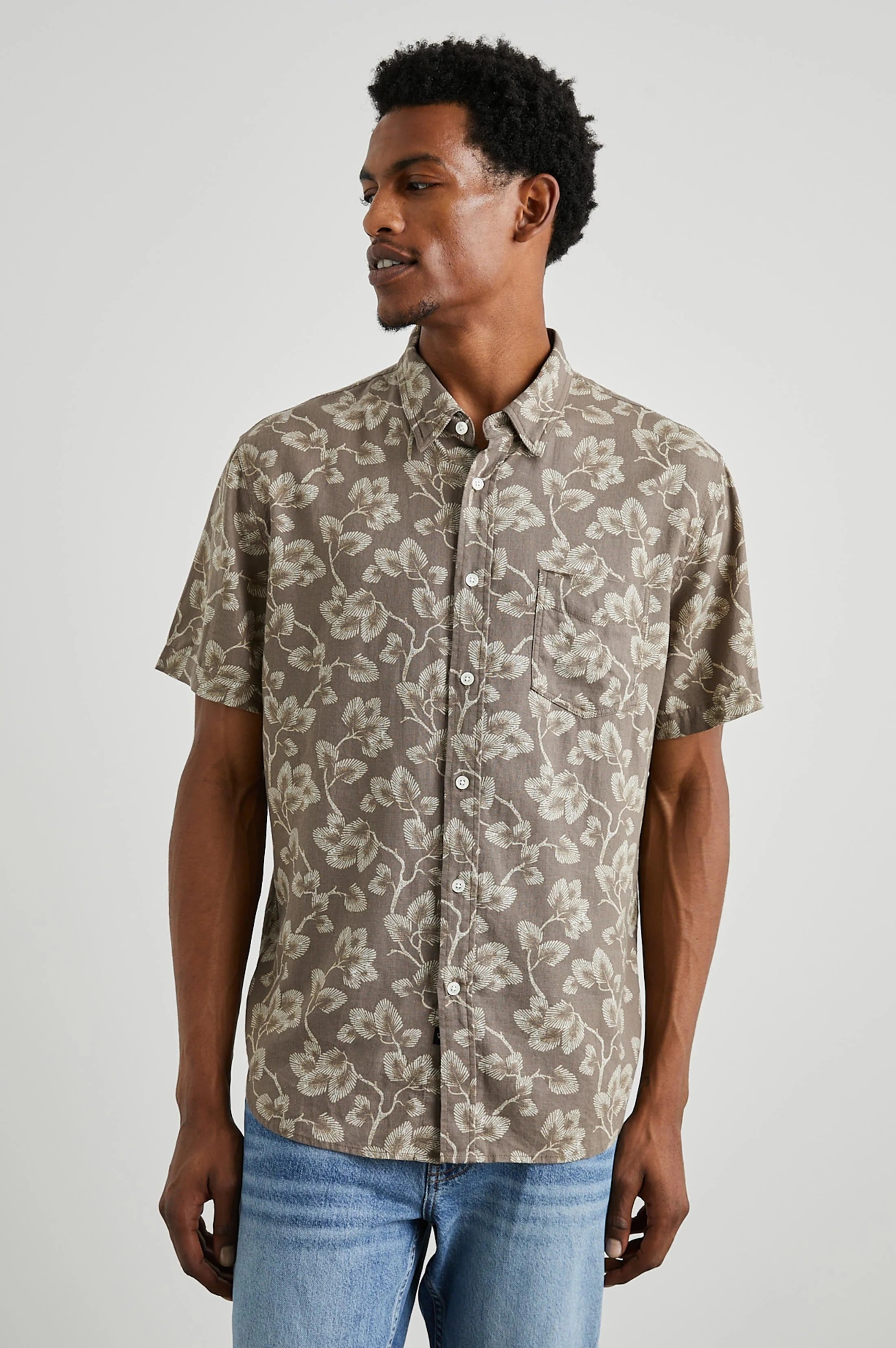 Wholesale,Rails, Rails Brown Japanese Maple Leaf Print Short Sleeve Button Up Shirt, Brown, Large-47-TagL