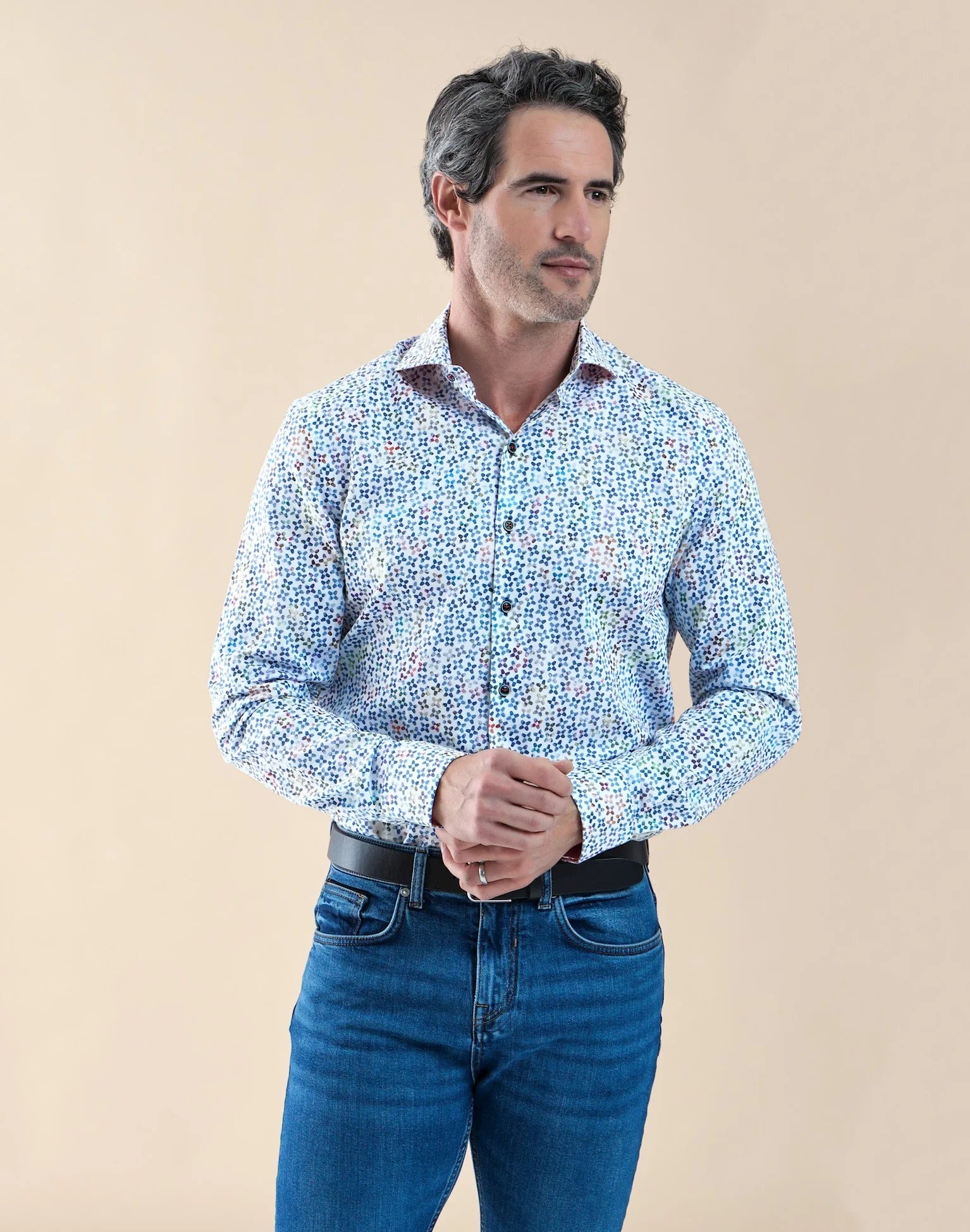 Brand Partner,R2 Amsterdam, R2 Amsterdam White/Multicolor Cup Print Cotton Shirt with Pink Contrast, White, Large-46-Tag42Medium-44-Tag41