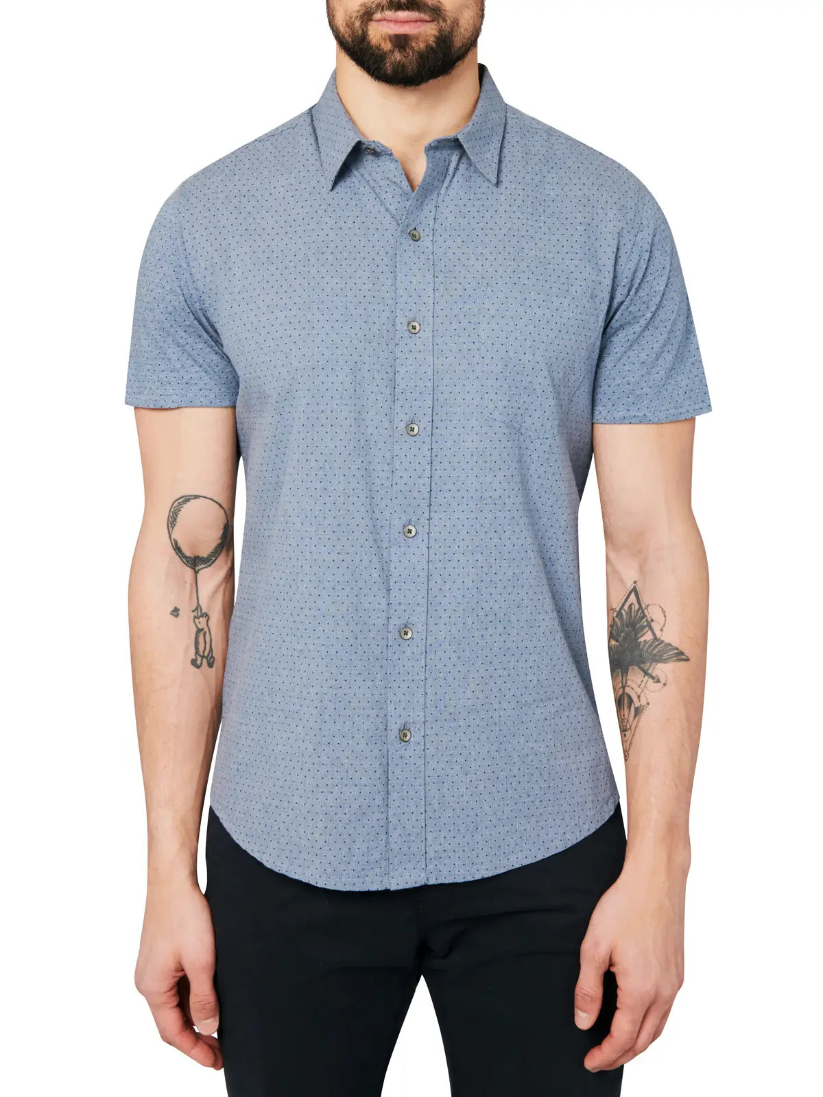 W.R.K., W.R.K Reworked Chambray Blue Dot Print Short Sleeve Shirt, Blue, Extra Large-48-TagXXLLarge-46-TagXLLarge-44-TagLMedium-42-TagMSmall-40-TagSExtra Large-46-TagXL