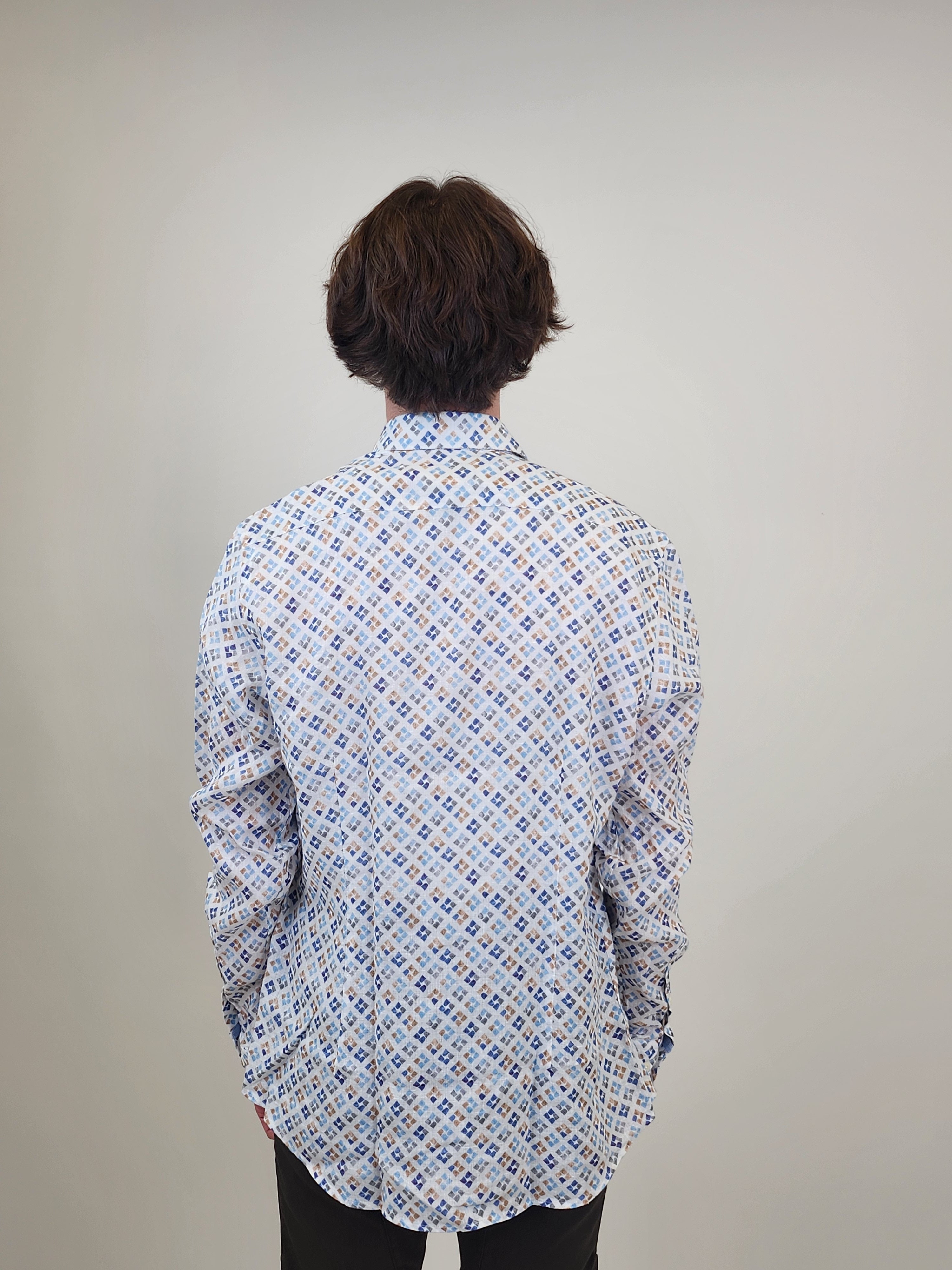 Brand Partner,R2 Amsterdam, R2 Amsterdam White Cup Print Linen Long Sleeve Shirt, White, Medium-44-TagMLarge-46-TagLExtra Large-50-TagXL