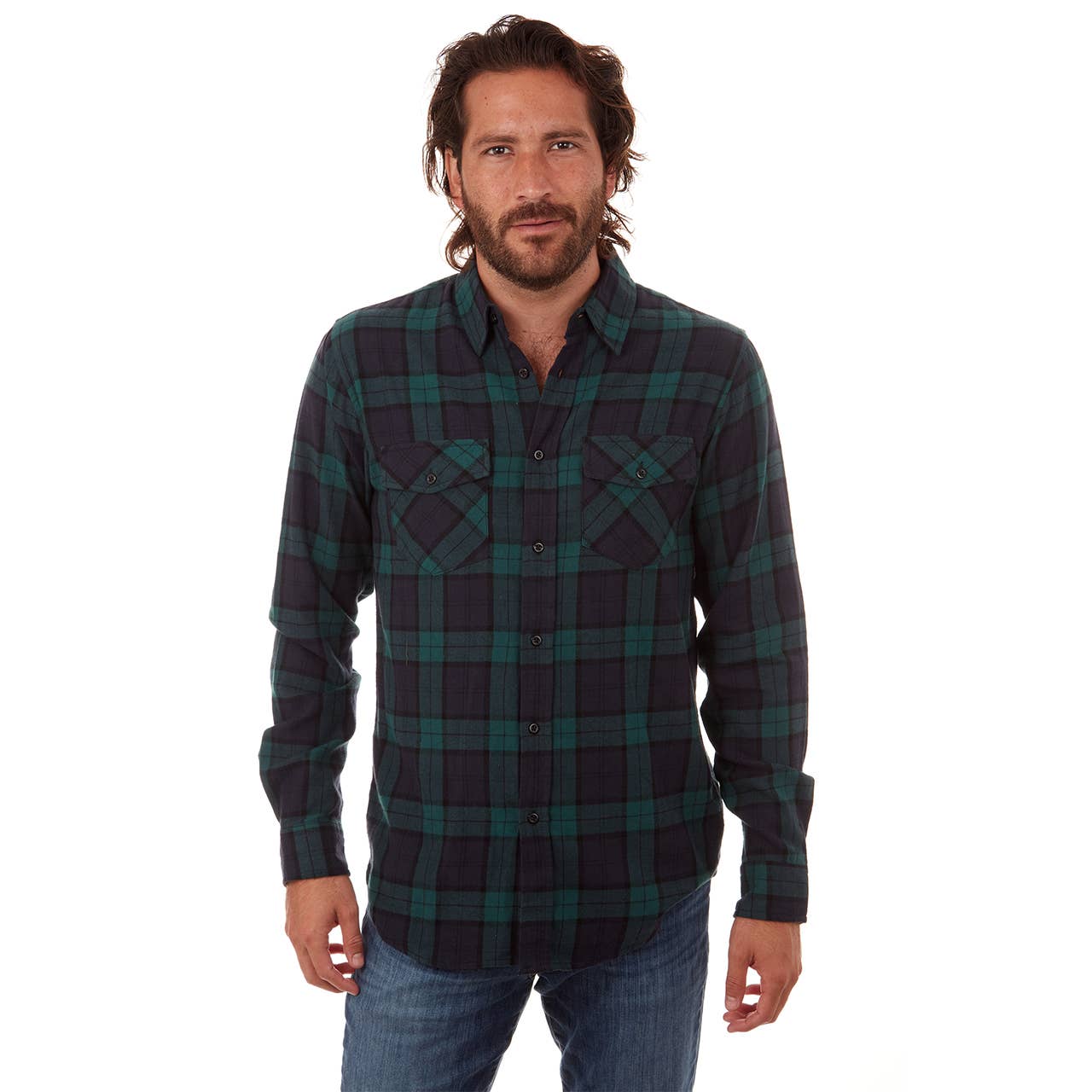 Faire,PX, PX Blue & Green Plaid Flannel Long Sleeve Button Up Shirt, Blue, Medium-44-TagL