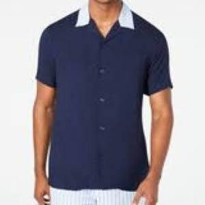 Bobbi + Bricka, INC Navy Contrast Collar Shortsleeve Button Up Shirt, Blue, Medium-46-TagXL