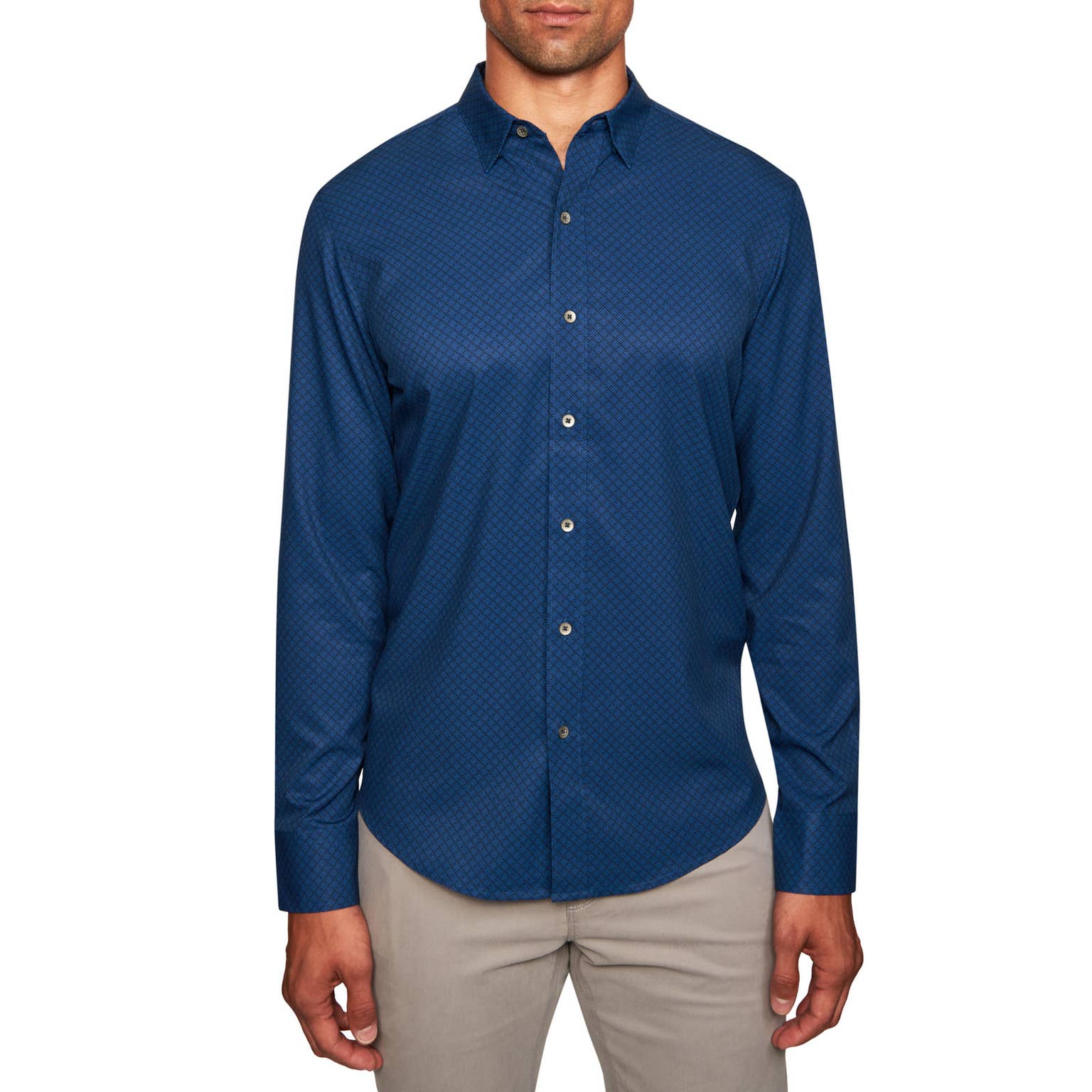 Faire,W.R.K., W.R.K Dark Blue Diamond Texture Grid 4-Way Stretch Long Sleeve Button Up Shirt, Blue, Large-44-TagL