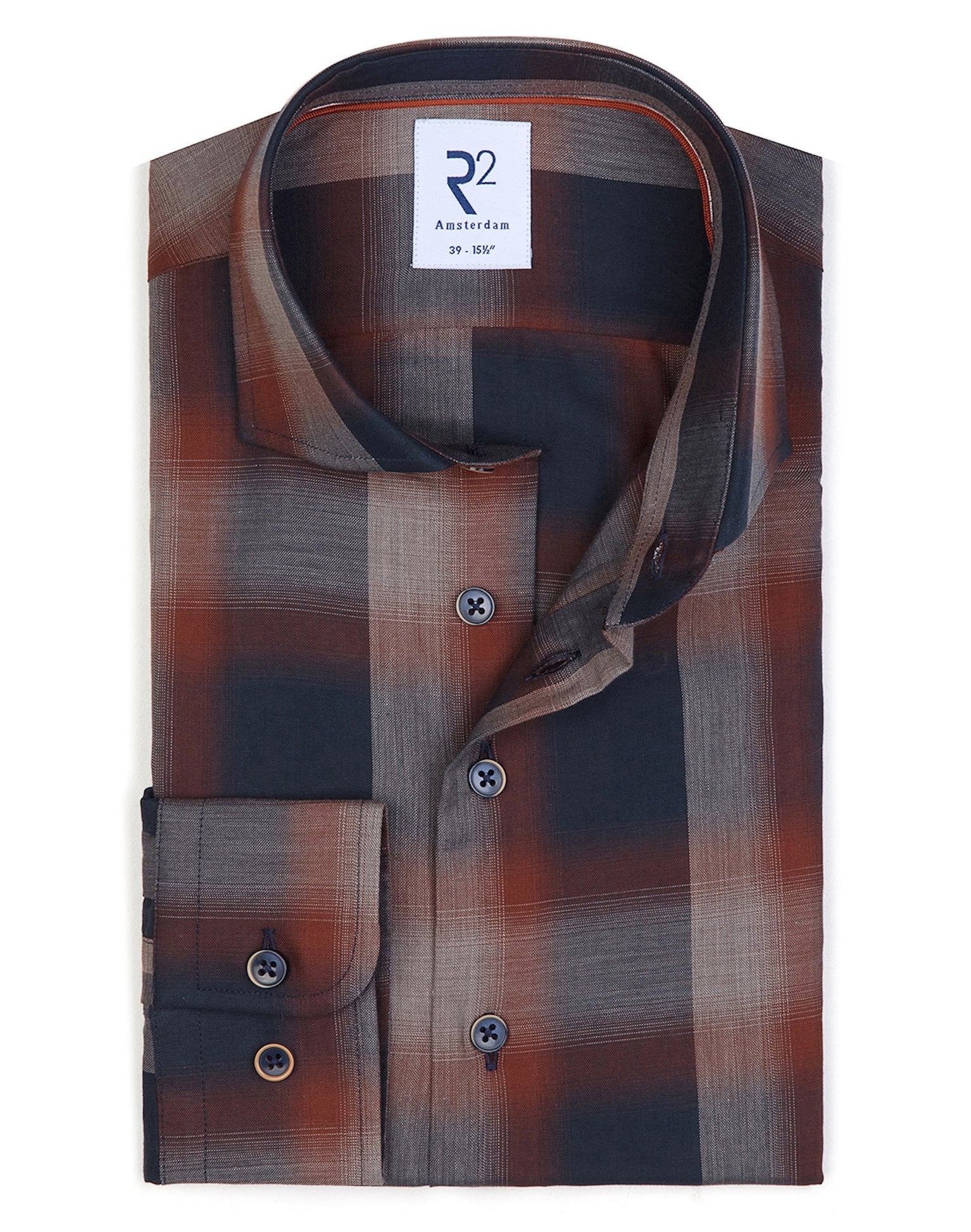 Brand Partner,R2 Amsterdam, R2 Amsterdam Navy/Rust Checkered Long Sleeve Button Up Cotton Shirt, Blue, Small-41-Tag39
