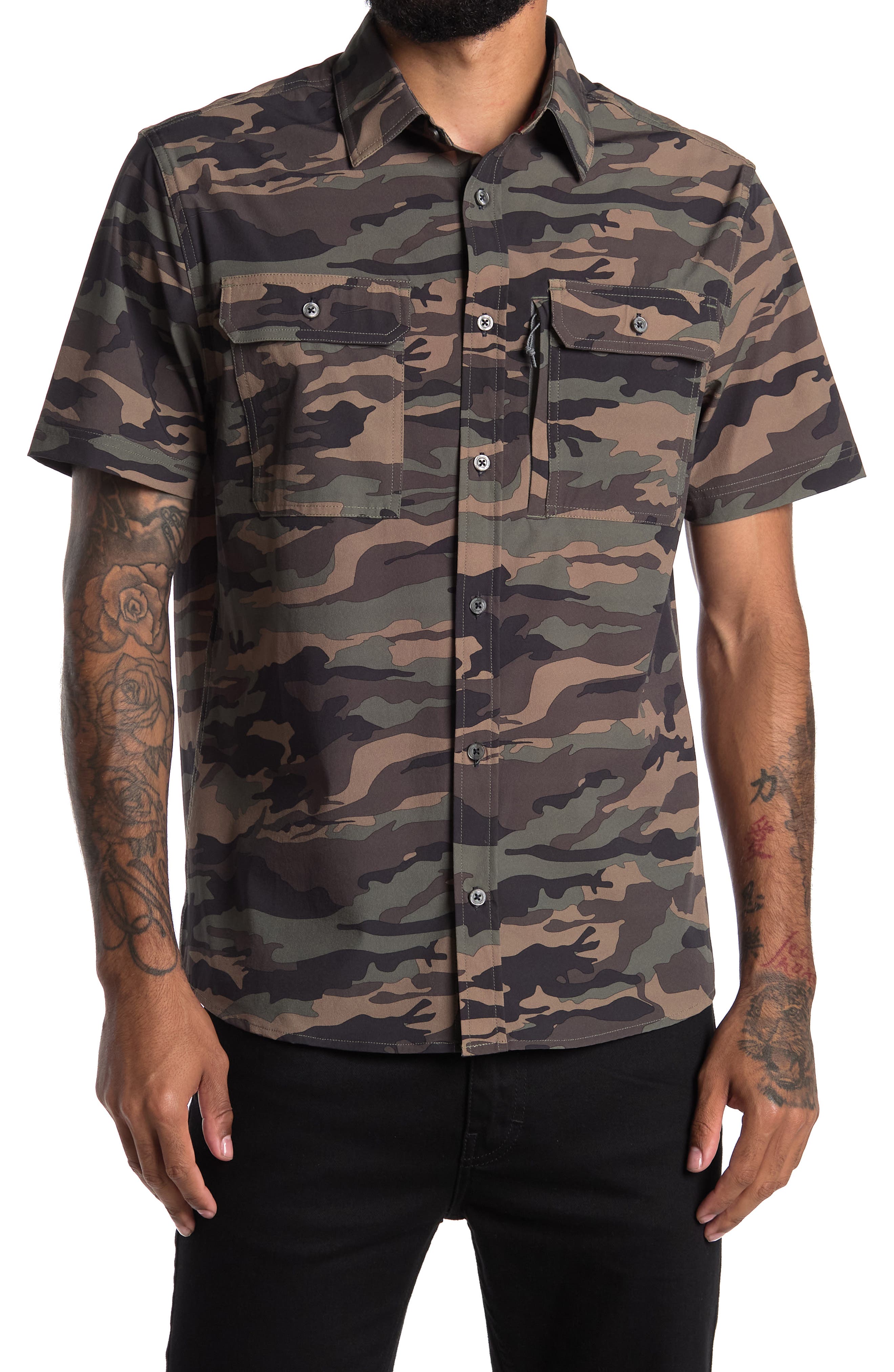 Nordstrom Rack,Flag & Anthem, Flag & Anthem Green Camo Print Short Sleeve Nylon Button Up Shirt, Green, Small-41-TagS