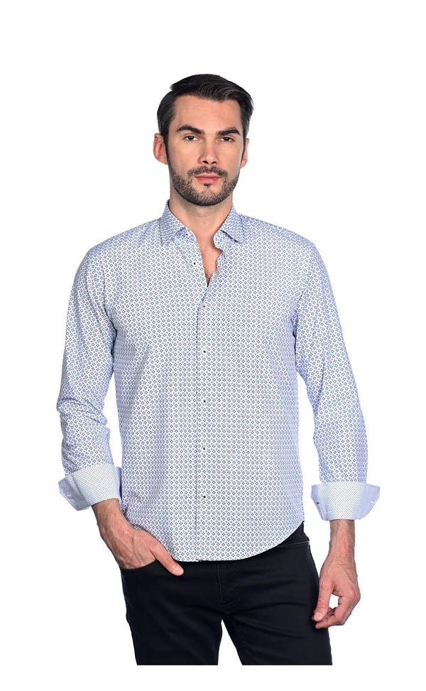 Mizumi White/Navy Geo Print Long Sleeve Button Up Shirt