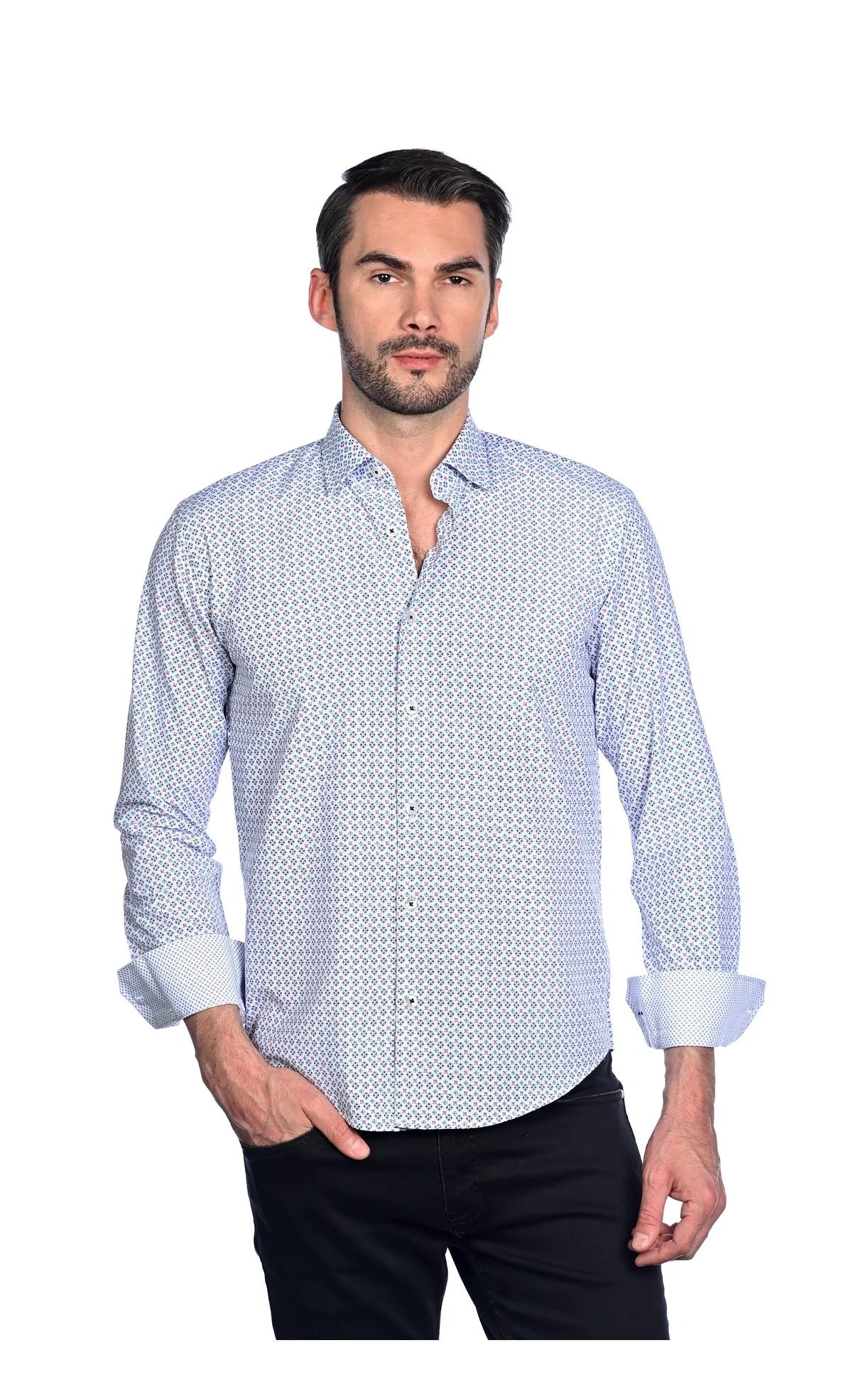 Wholesale,Mizumi, Mizumi White/Navy Geo Print Long Sleeve Button Up Shirt, White, Large-45-TagL