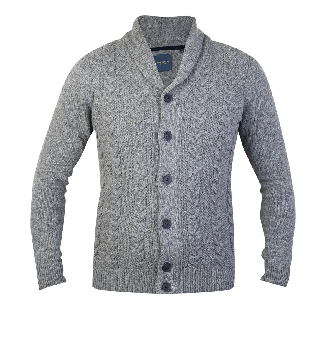 Faire,Guide London, Guide London Grey Shawl Collar Cable Knit Long Sleeve Button Up Cardigan, , 