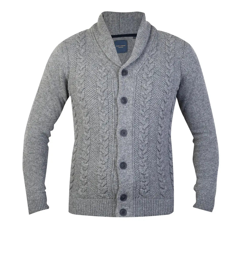 Guide London Grey Shawl Collar Cable Knit Long Sleeve Button Up Cardigan