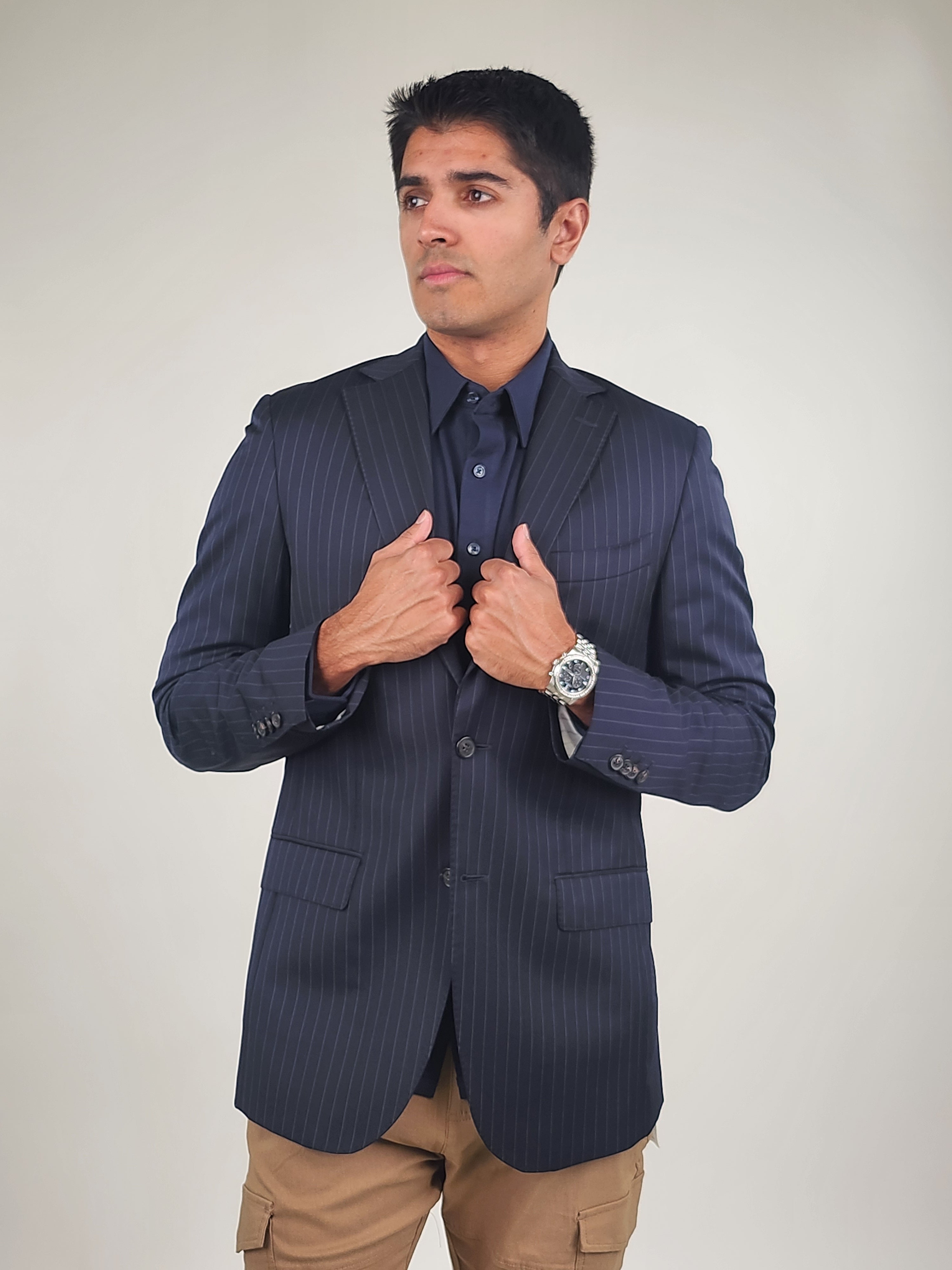 RealReal,Suitsupply, Suitsupply Navy Pinstripe 2 Button Double Vent Blazer, Blue, Small-41-TagS