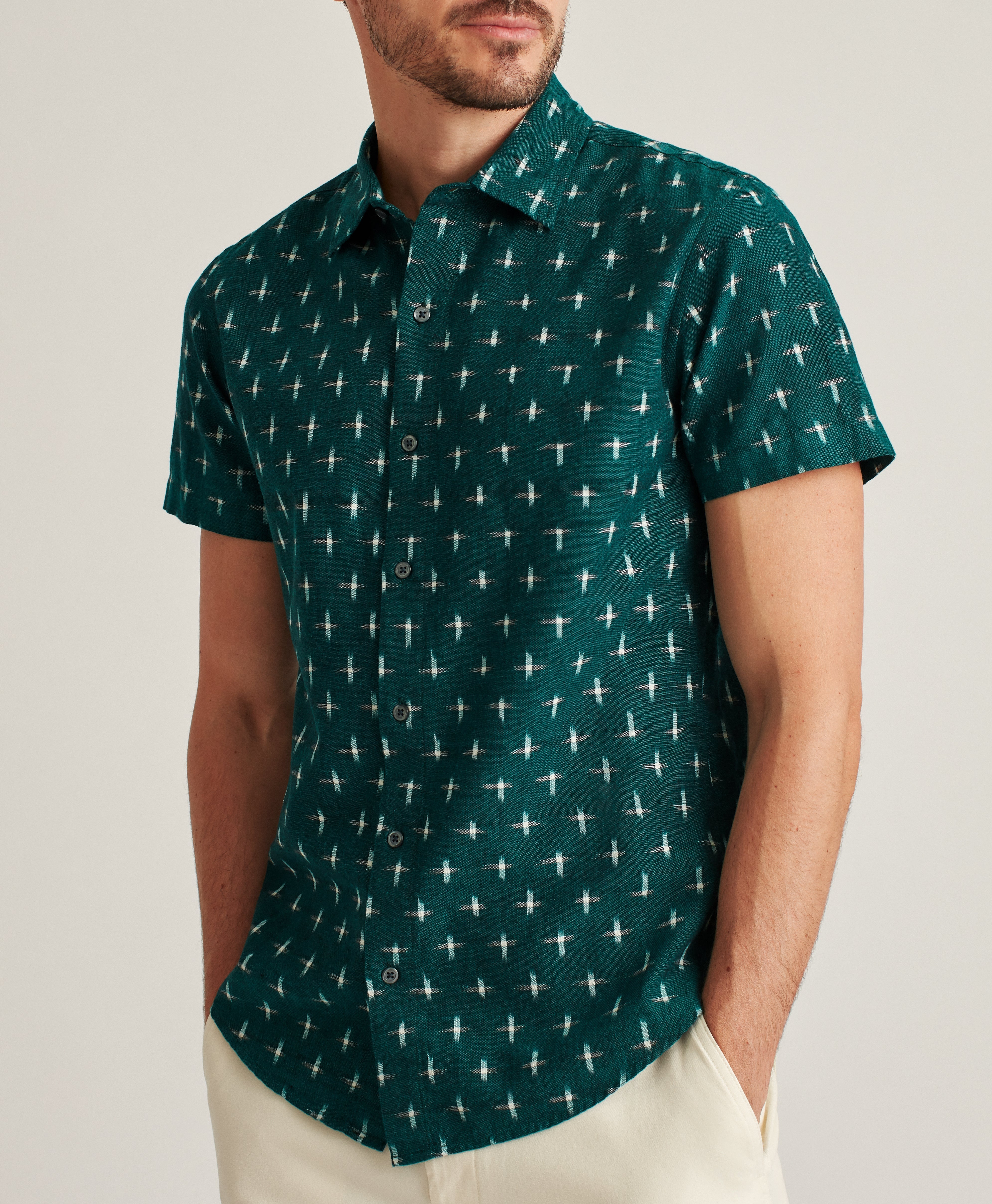 Brand Partner,R2 Amsterdam, Bonobos Jungle Green Geo Print Stretch Short Sleeve Button Up Shirt, Green, Large-45-TagLMedium-42-TagM