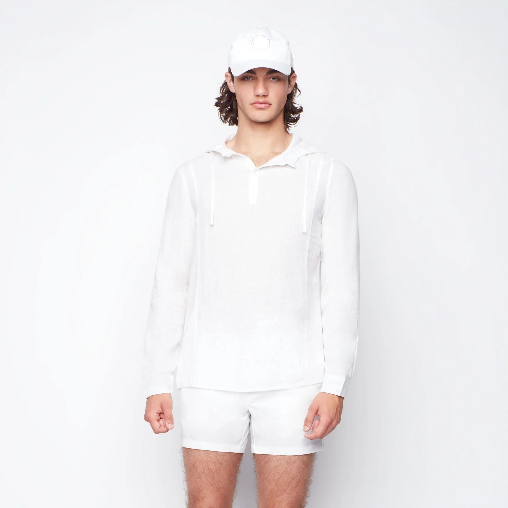 Wholesale,Public Beach, Public Beach White Linen Blend Long Sleeve Shirt with Hood, White, Large-46-TagLExtra Large-50-TagXLExtra Extra Large-52-TagXXL