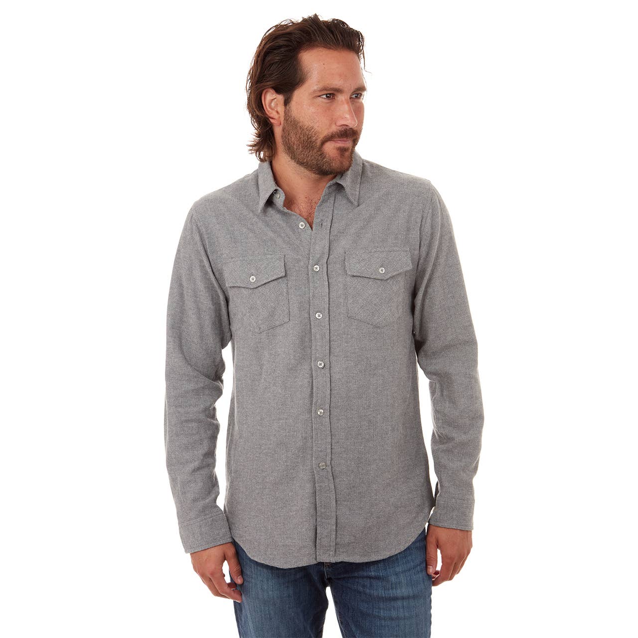 Faire,PX, PX Grey Flannel Herringbone Long Sleeve Button Up Shirt, Grey, Large-45-TagL