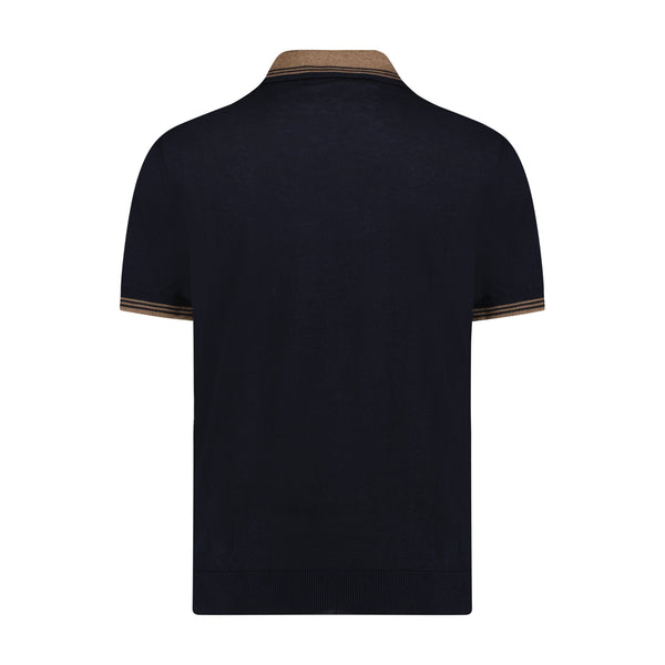 Luchiano Visconti Navy with Tan Wide Front Panel Qtr Zip Short Sleeve Knit Polo