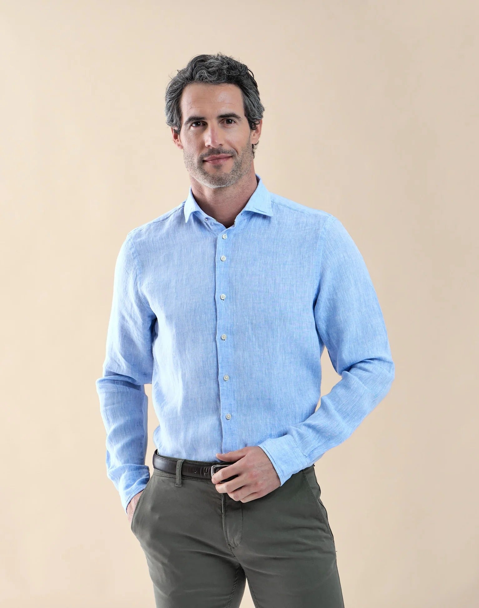 Brand Partner,R2 Amsterdam, R2 Amsterdam Light Blue Linen Long Sleeve Shirt, Blue, Medium-44-Tag41