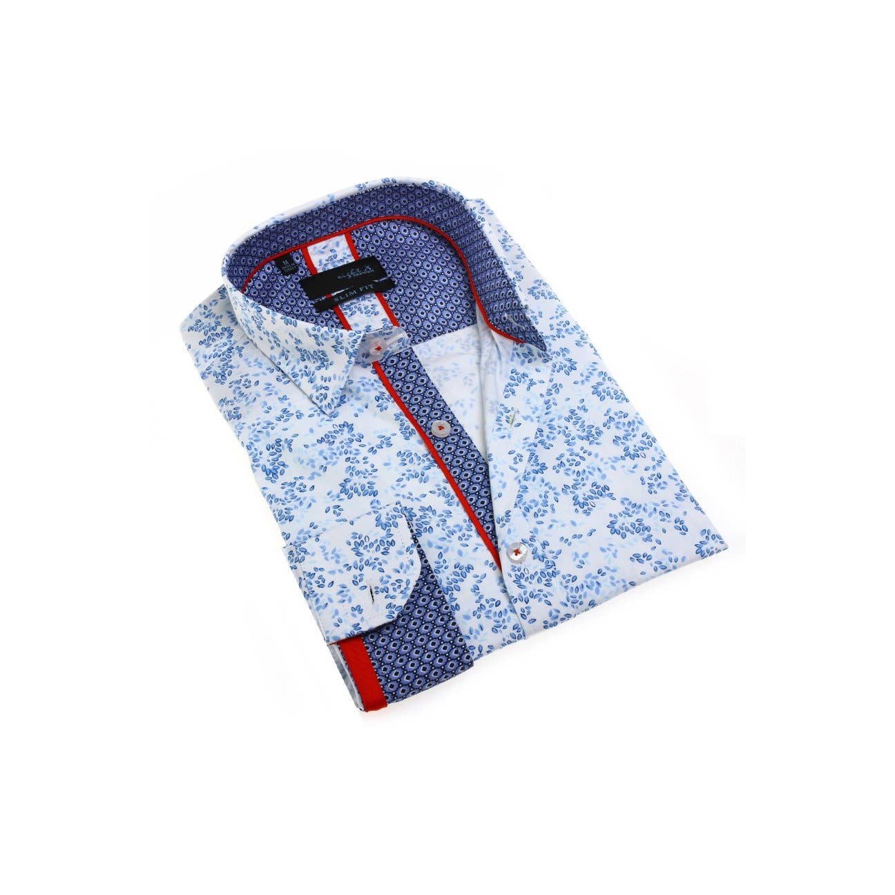 Faire,Eight X, Eight X Light Blue Floral Print Slim Fit Button Up Shirt, Blue, Large-46-TagL