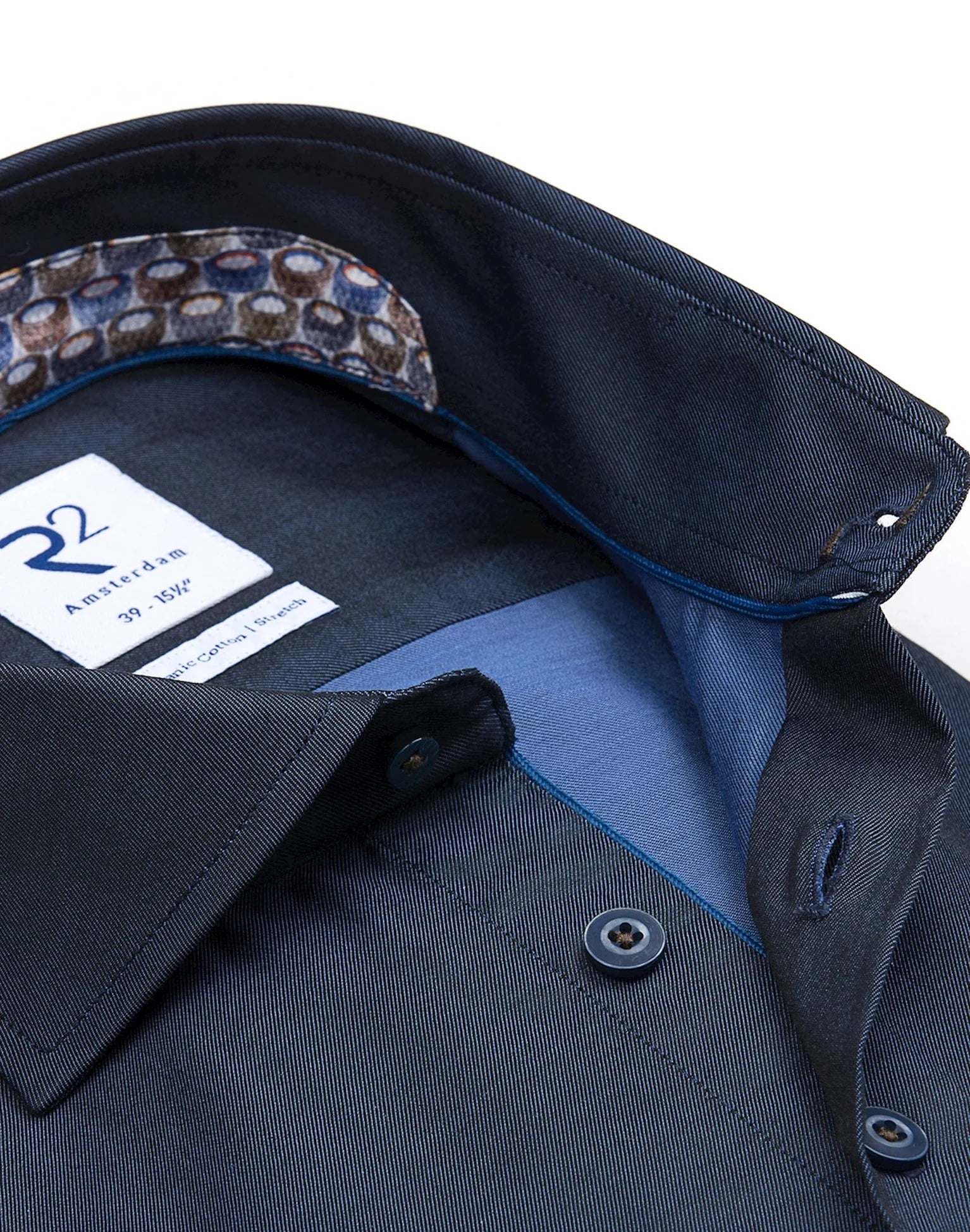 Brand Partner,R2 Amsterdam, R2 Amsterdam Navy Blue 2 PLY Organic Cotton Long Sleeve Button Up Shirt with Tire Print Contrast, Blue, Small-42-Tag40