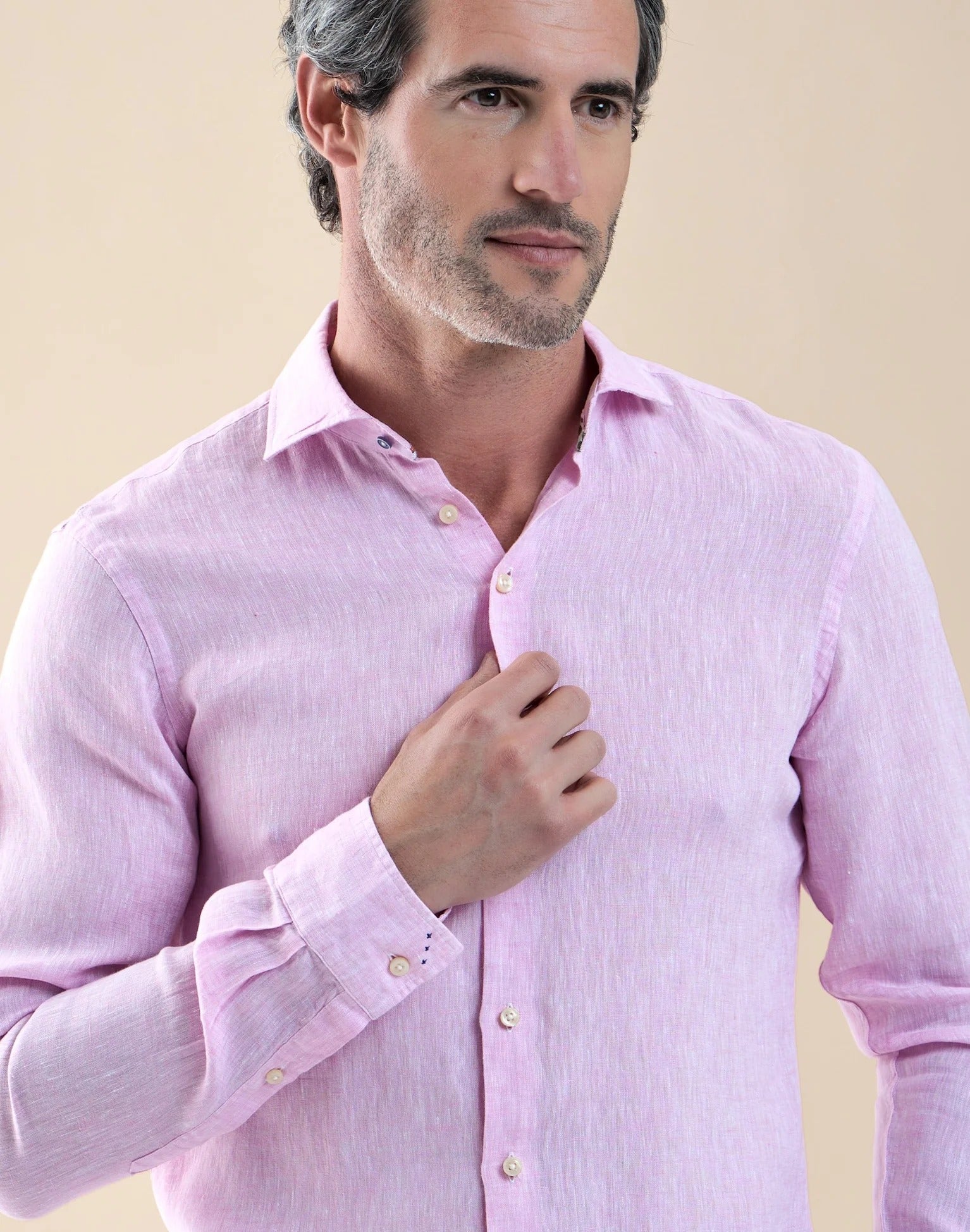 Brand Partner,R2 Amsterdam, R2 Amsterdam Light Pink Linen Long Sleeve Shirt Contrast print with Classic Buggy Paisley, Pink, Medium-43-Tag40Extra Large-50-Tag44