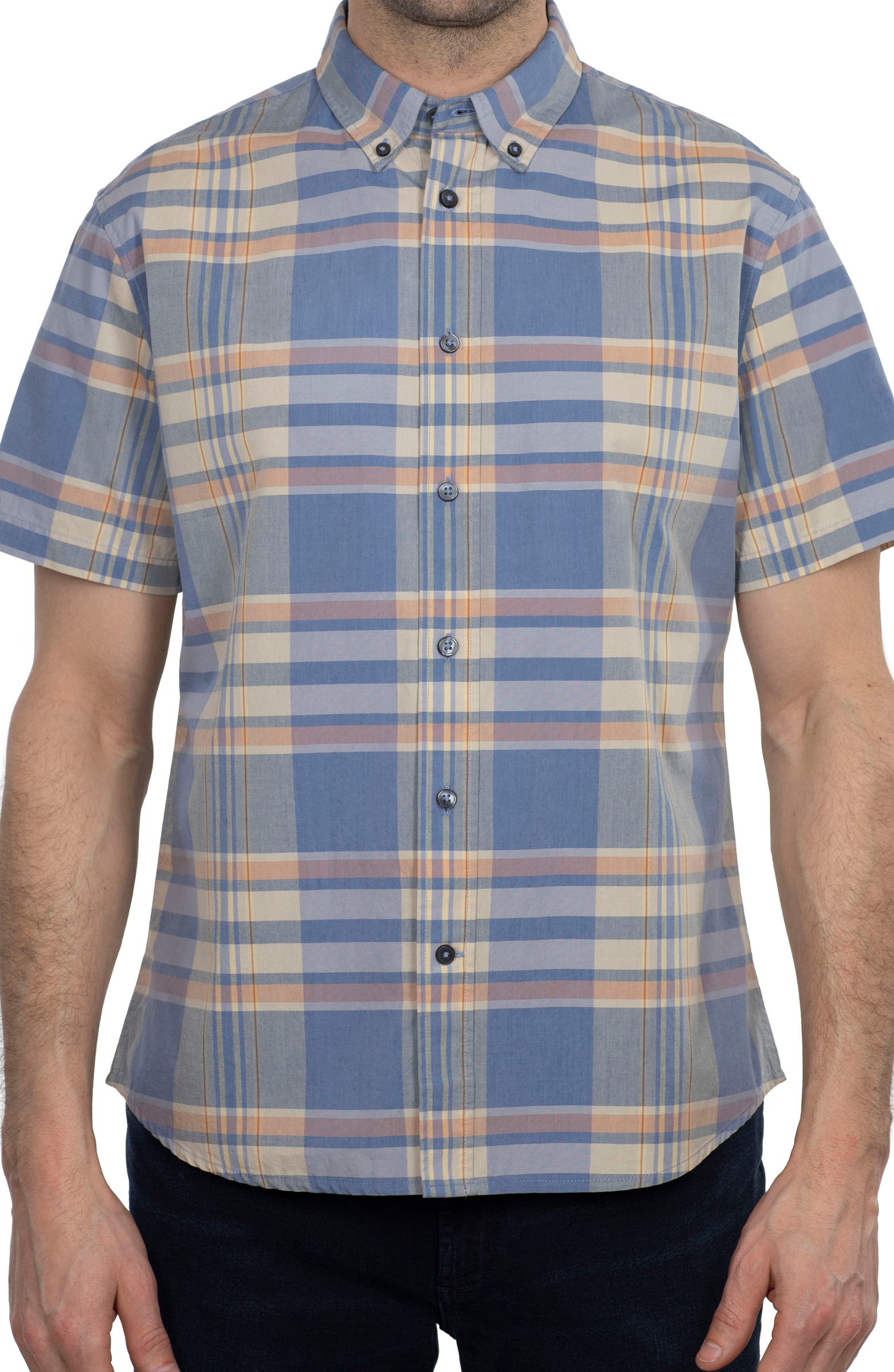 Nordstorm Rack,Slate & Stone, Slate & Stone Faded Blue & Yellow Plaid Print Short Sleeve Button Up Shirt, Blue, Small-41-TagS