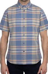 Slate & Stone Faded Blue & Yellow Plaid Print Short Sleeve Button Up Shirt