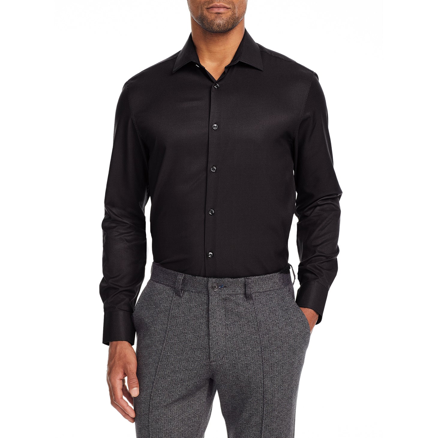 Faire,Brooklyn Brigade, Brooklyn Brigade Black Mini Dot Print 4-Way Stretch Button Up Shirt, Black, Medium-42-TagM