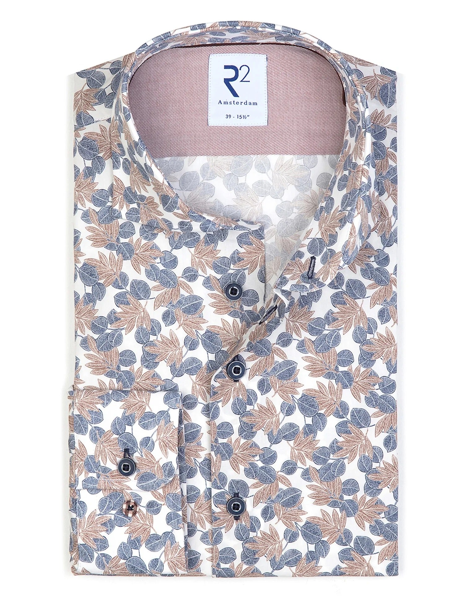 Brand Partner,R2 Amsterdam, R2 Amsterdam White/Blue Leaf Print Long Sleeve Button Up Shirt, White, Large-45-Tag42