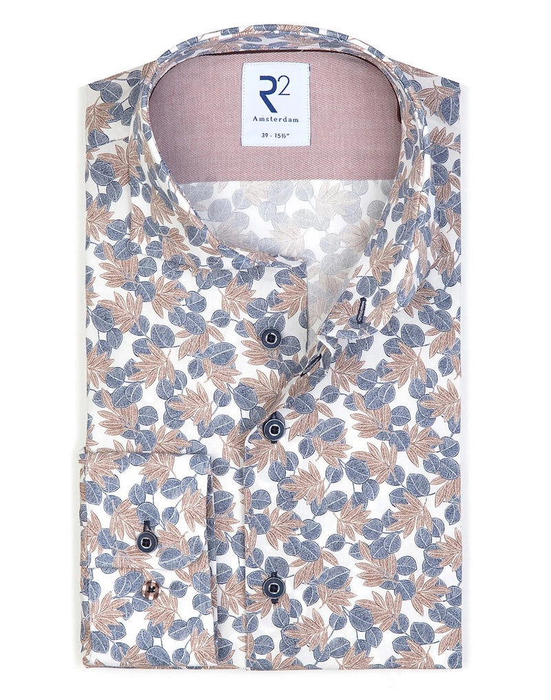 R2 Amsterdam White/Blue Leaf Print Long Sleeve Button Up Shirt