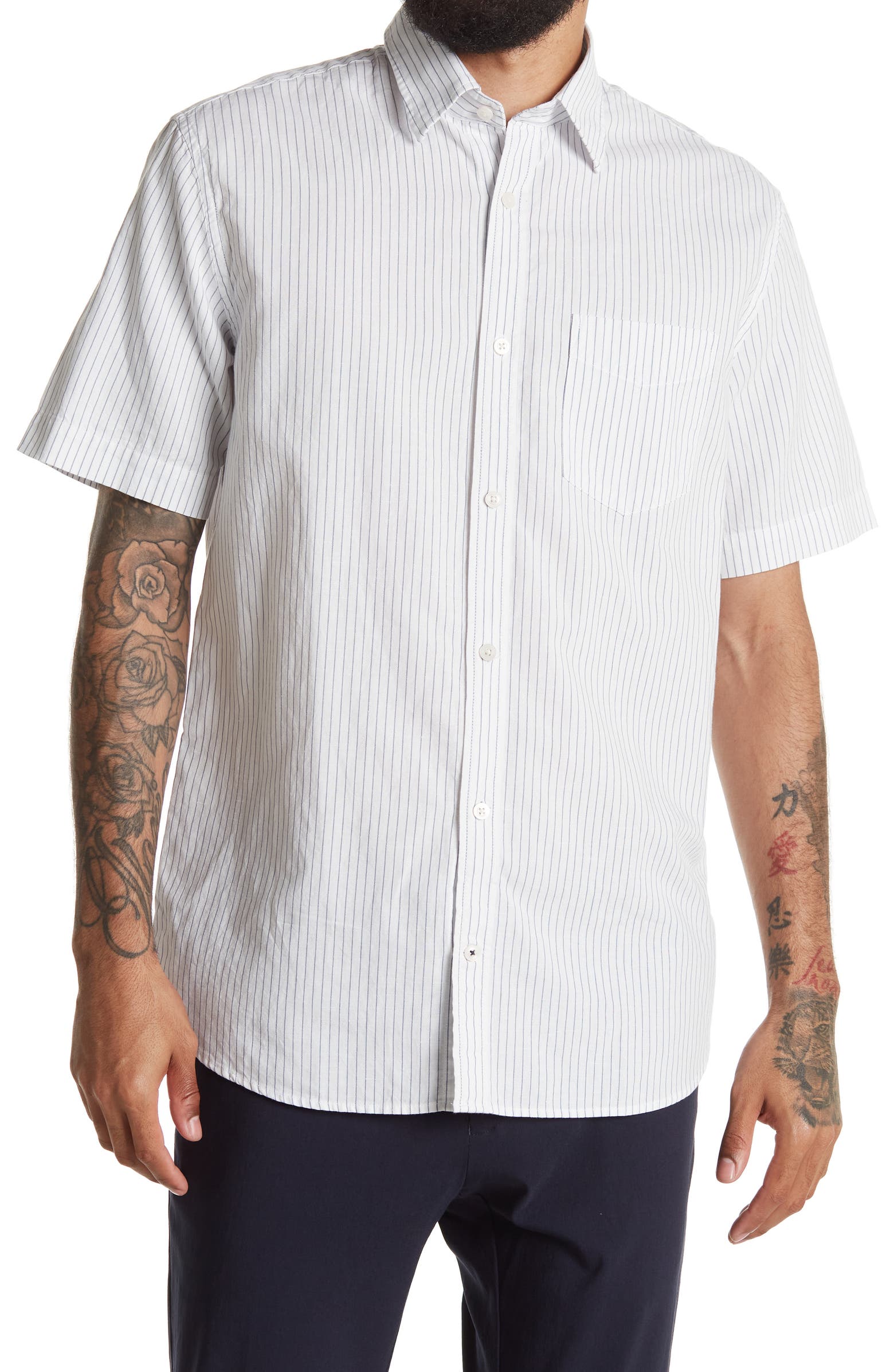 Nordstorm Rack,NN07, NN07 White Stripe Linen Blend Short Sleeve Button Up Shirt, White, Medium-43-TagS