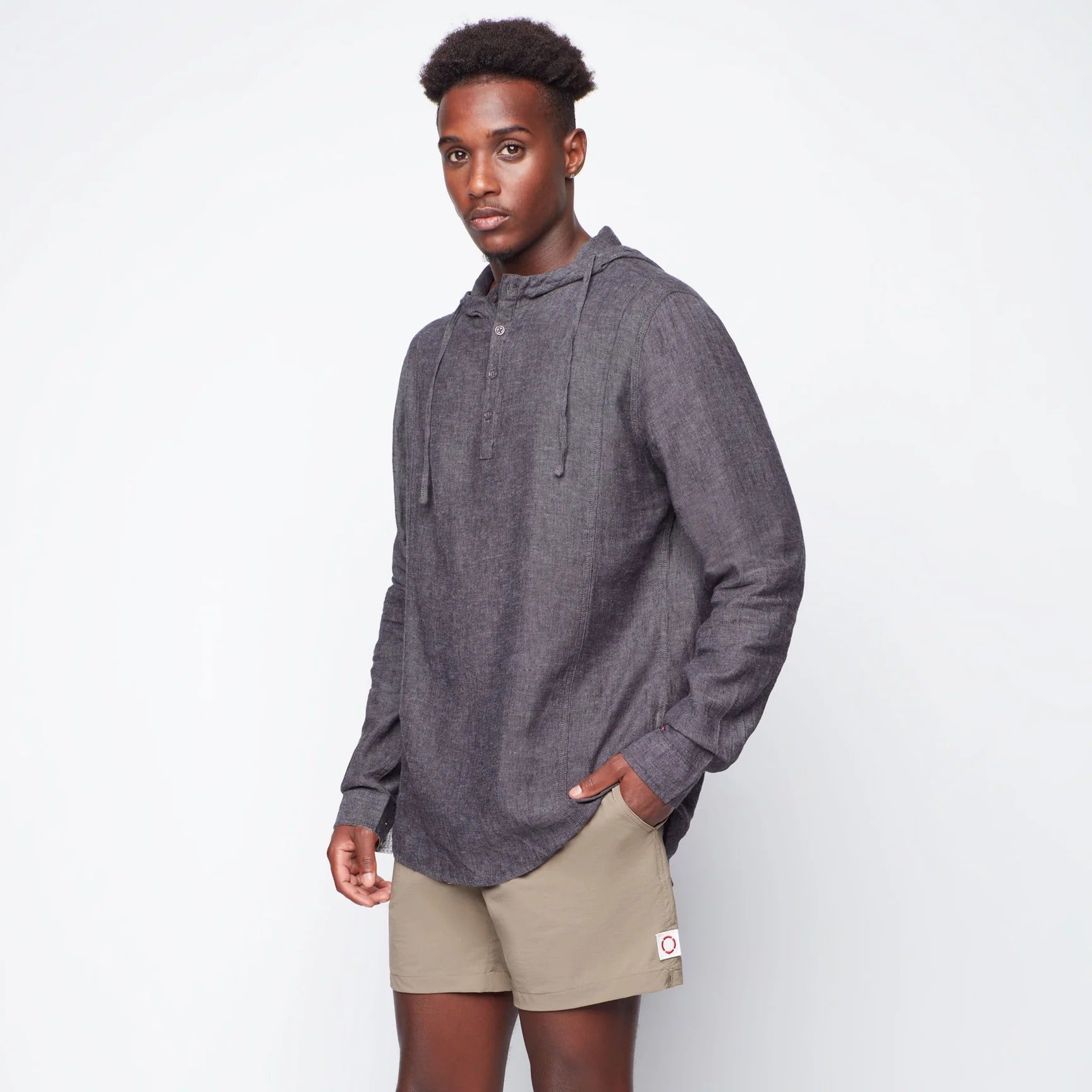 Wholesale,Public Beach, Public Beach Charcoal Linen Blend Long Sleeve Shirt with Hood, Grey, Extra Extra Large-52-TagXXL