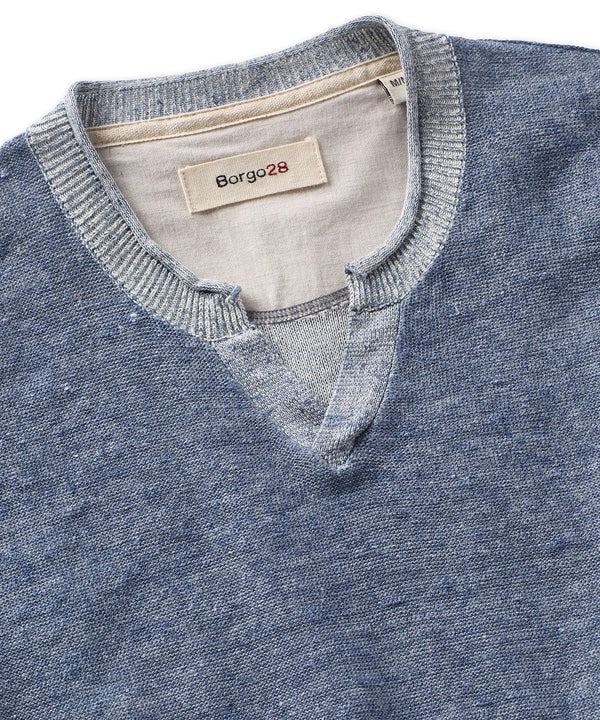Borgo28 Indigo Cotton-Linen Notch Neck Sweater