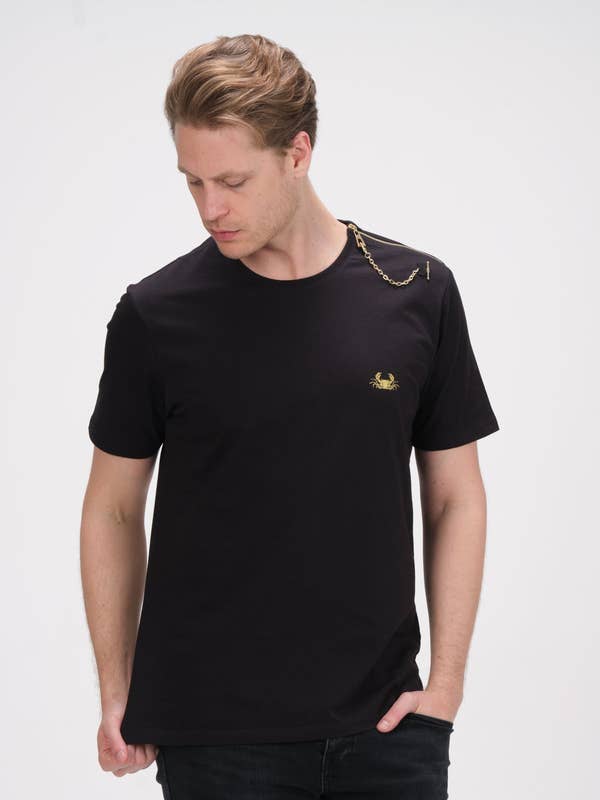 Faire,Ron Tomson, Ron Tomson Black Tee With Gold Chain Detail, Black, Medium-41-TagM