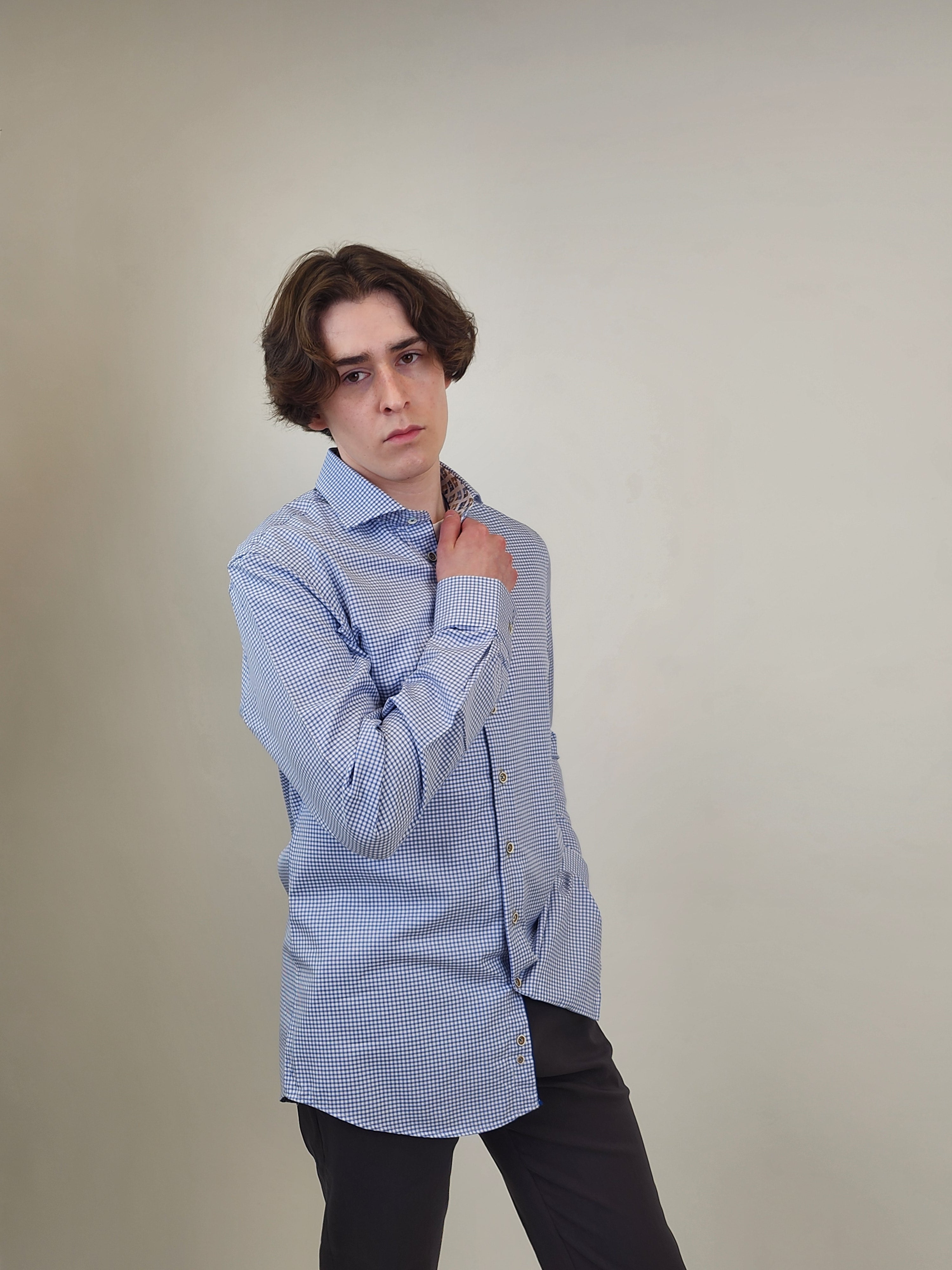 Brand Partner,R2 Amsterdam, R2 Amsterdam Blue Check Shirt with Cup Print Contrast, Blue, Large-46-Tag42