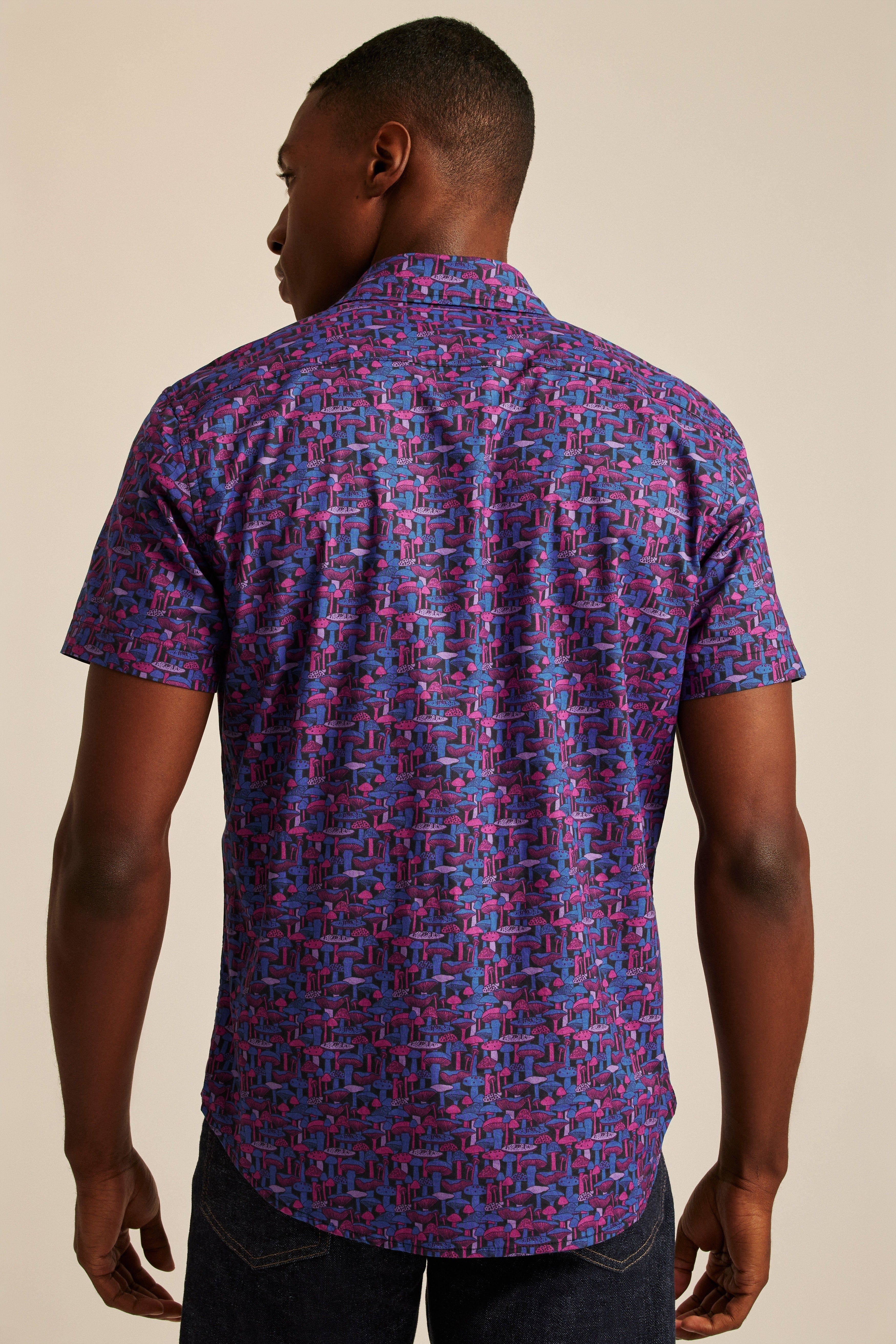 Wholesale,Bonobos, Bonobos Navy/Pink Mushroom Print Stretch Short Sleeve Button Up Shirt, Blue, Small-39-TagS