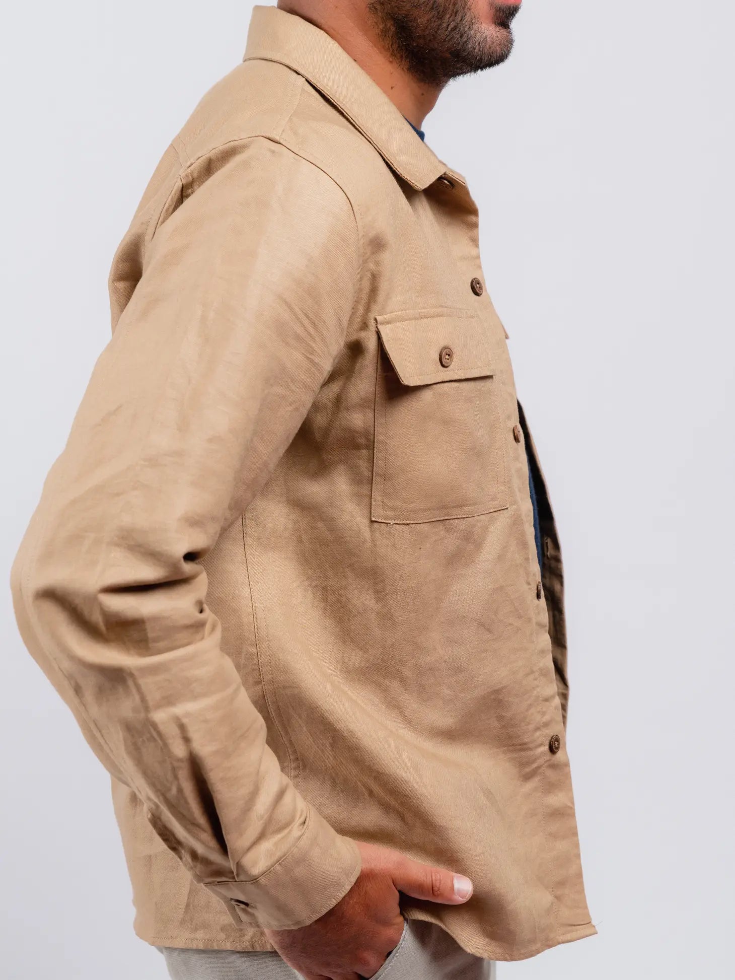 Faire,SMF, SMF Tan Linen Blend Long Sleeve Overshirt, Tan, Medium-44-TagL