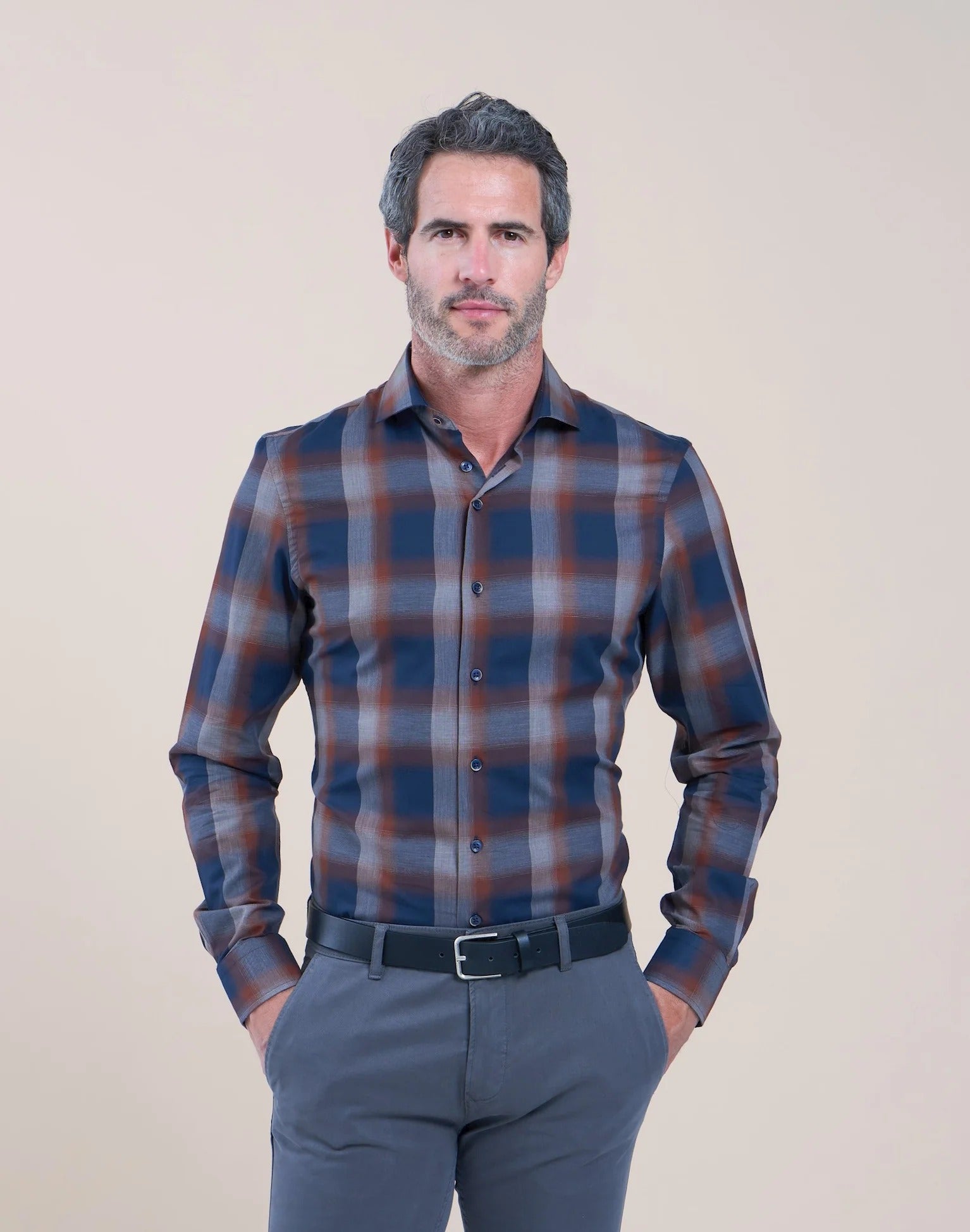 Brand Partner,R2 Amsterdam, R2 Amsterdam Navy/Rust Checkered Long Sleeve Button Up Cotton Shirt, Blue, Small-41-Tag39