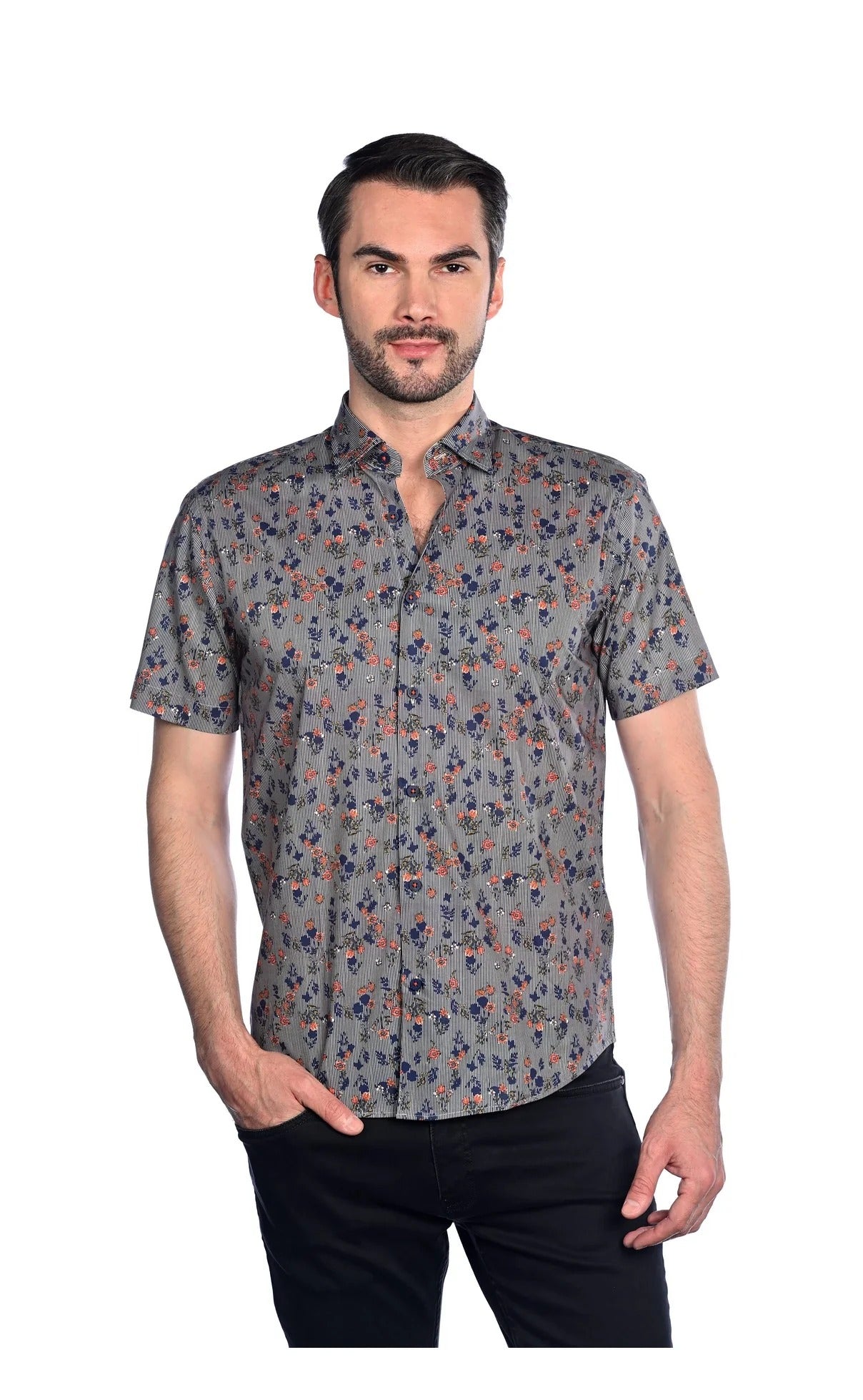 Wholesale,Mizumi, Mizumi Navy/Multi Rose Print Short Sleeve Button Up Shirt, Blue, Extra Large-48-TagXL
