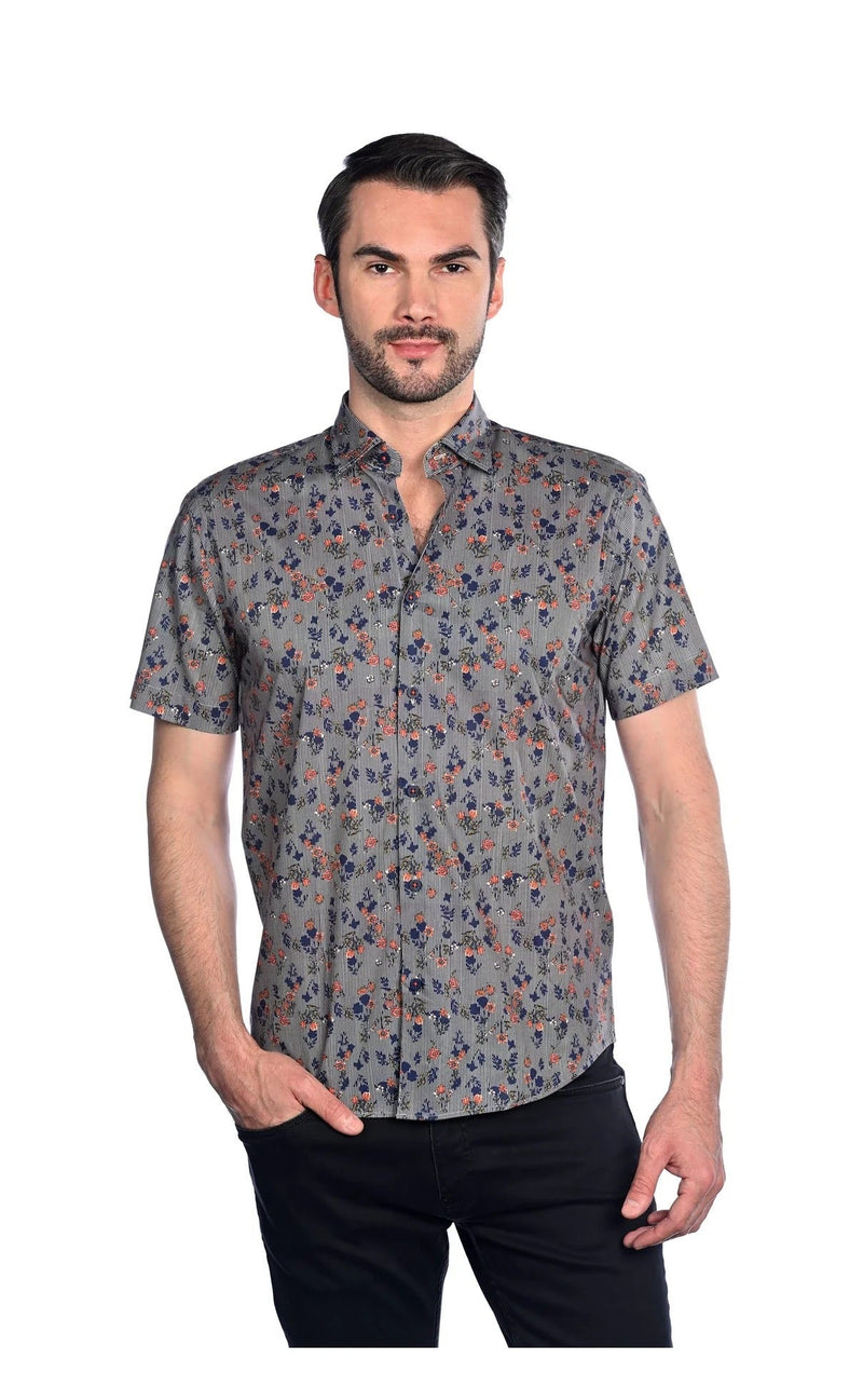 Mizumi Navy/Multi Rose Print Short Sleeve Button Up Shirt